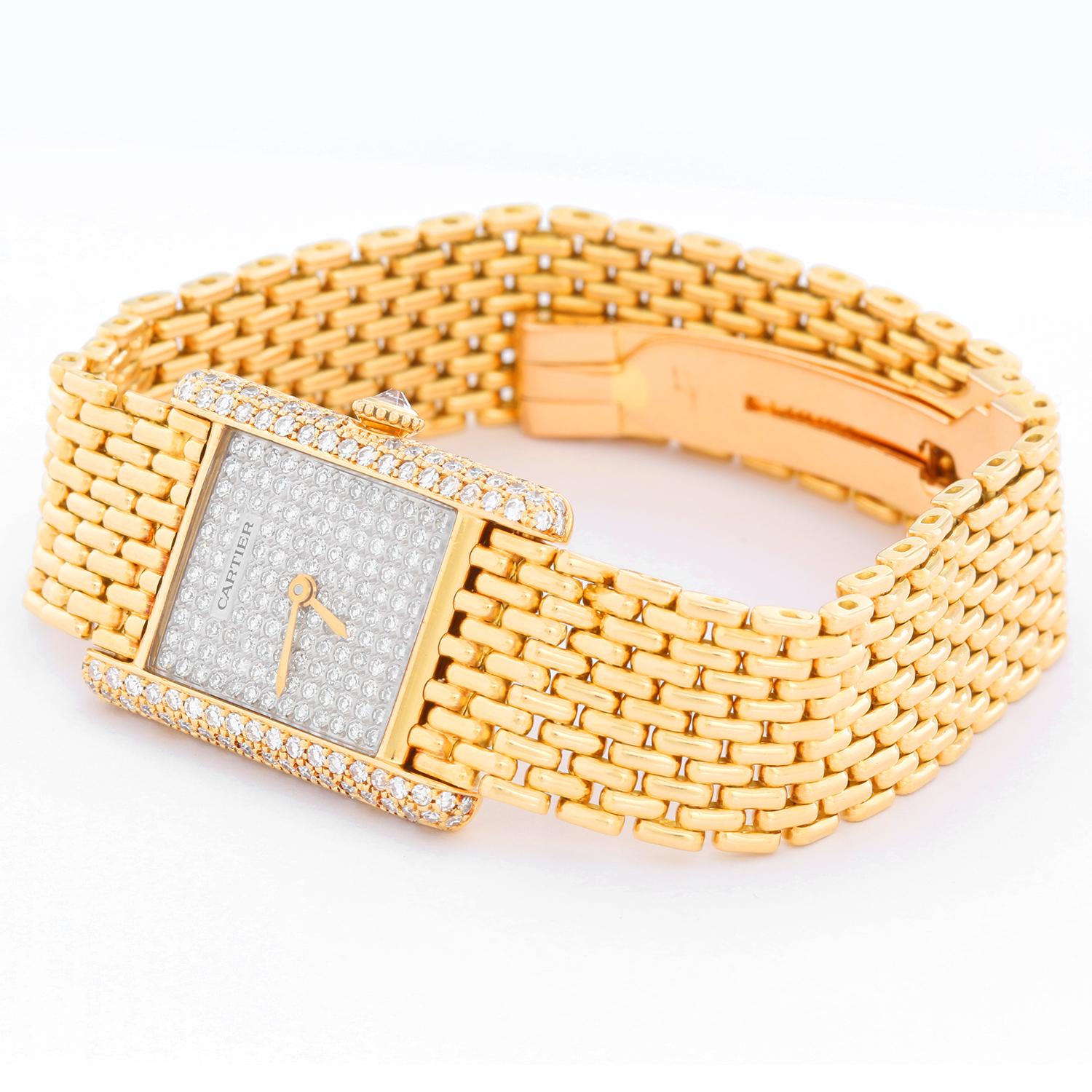 Cartier Tank Pave Diamond Ladies Watch  - Manual . 18K Yellow gold case with pave diamonds  ( 21 x 28 mm) . Pave diamond dial . 18K Yellow gold mesh bracelet; will fit a 6 3/4 inch wrist . Pre-owned with Cartier box .