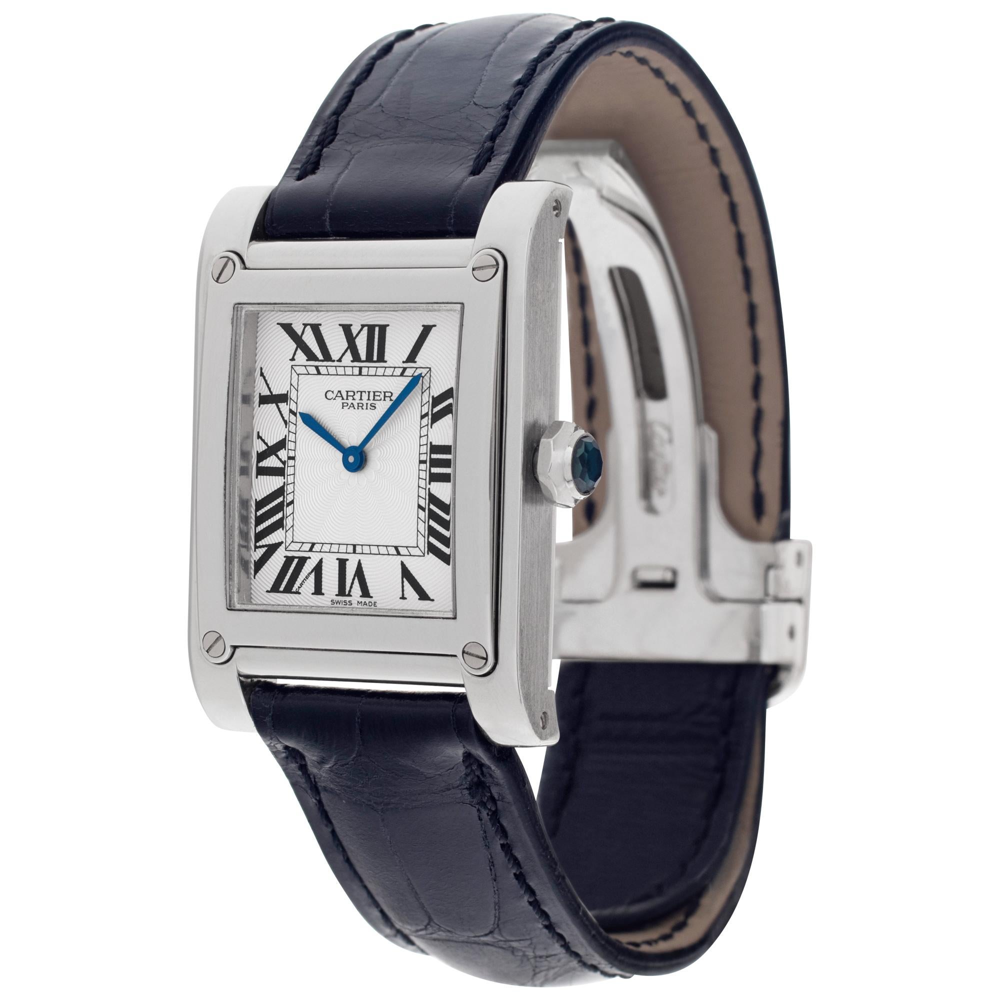 Cartier Tank a Vis Platinum Collection Privee Cartier Paris (CPCP) on Cartier black crocodile strap with 18k white gold Cartier deployant buckle. Manual. 26.5 mm x 31 mm case size. Ref W1539951P. Fine Pre-owned Cartier Watch.

Certified preowned