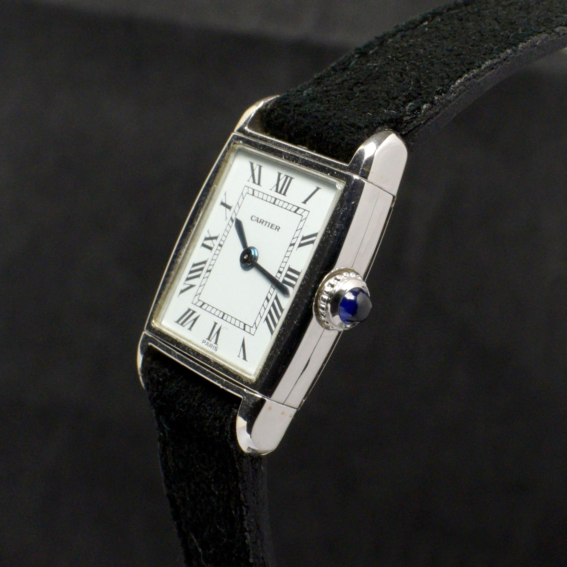 Cartier Tank Reverso Tank 18K White Gold Roman Indexes Paris Dial Watch, 1970s For Sale 2
