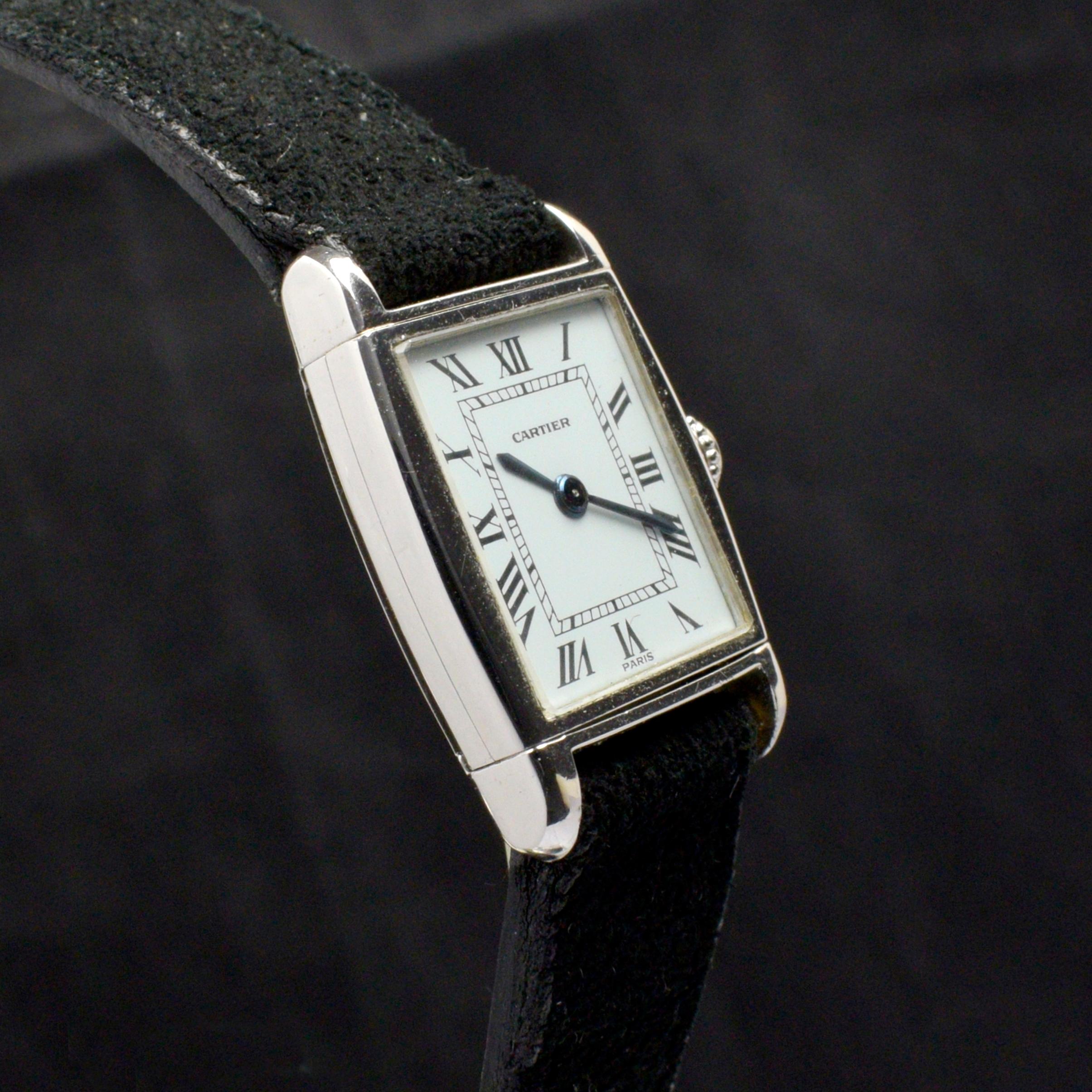 Cartier Tank Reverso Tank 18K White Gold Roman Indexes Paris Dial Watch, 1970s For Sale 3