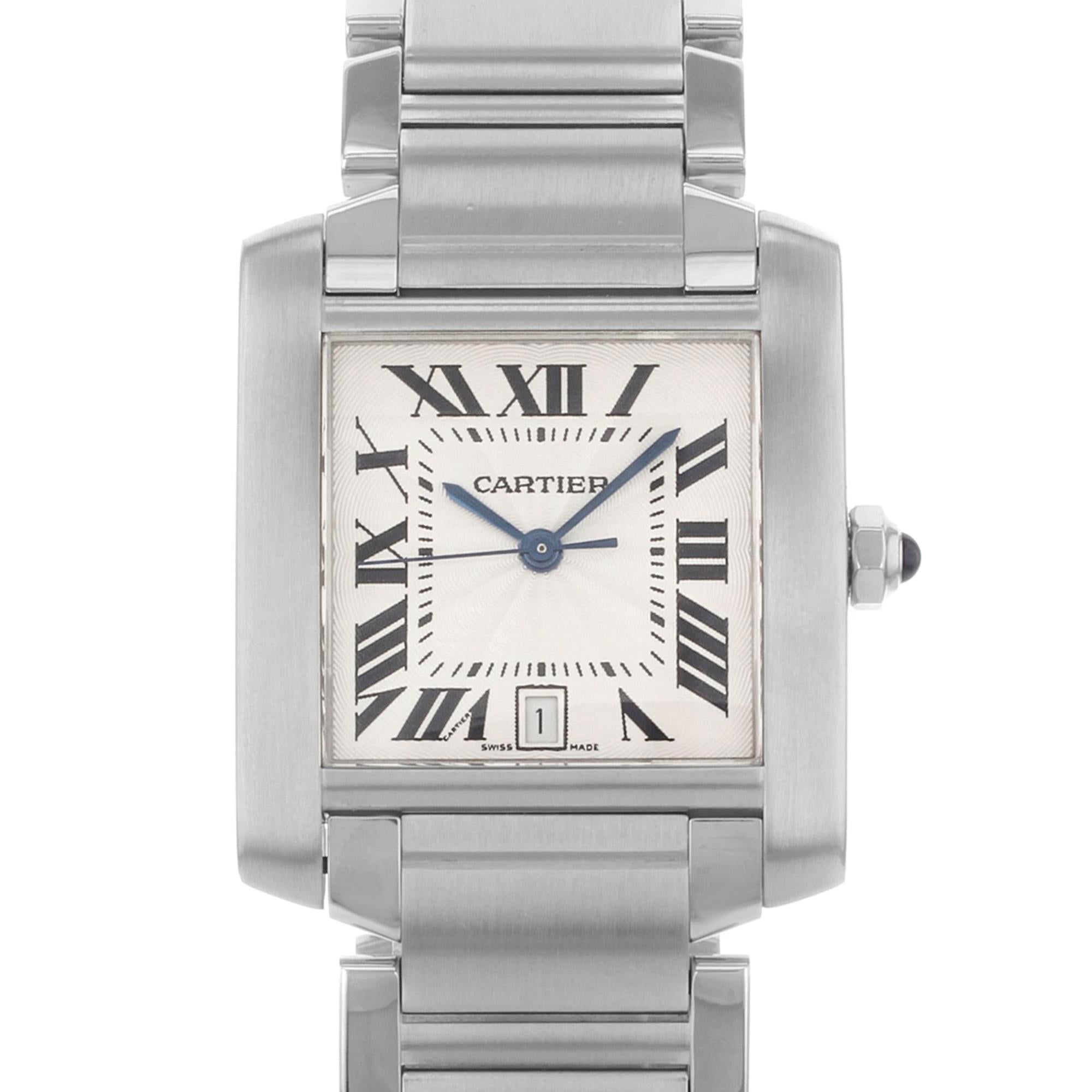This pre-owned Cartier Tank W51002Q3 is a beautiful Unisex timepiece that is powered by an automatic movement which is cased in a stainless steel case. It has a rectangle shape face, date dial and has hand roman numerals style markers. It is