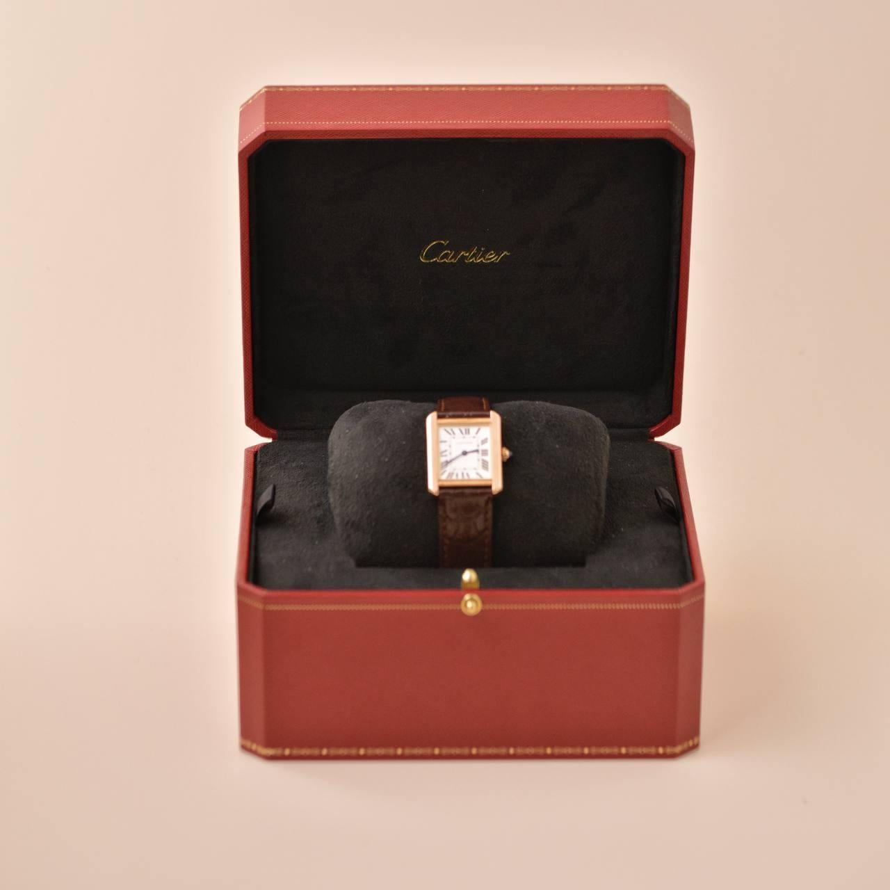 Orologio da polso Cartier Tank Solo in oro rosa 18k e pelle marrone W5200024 In condizioni ottime a Banbury, GB