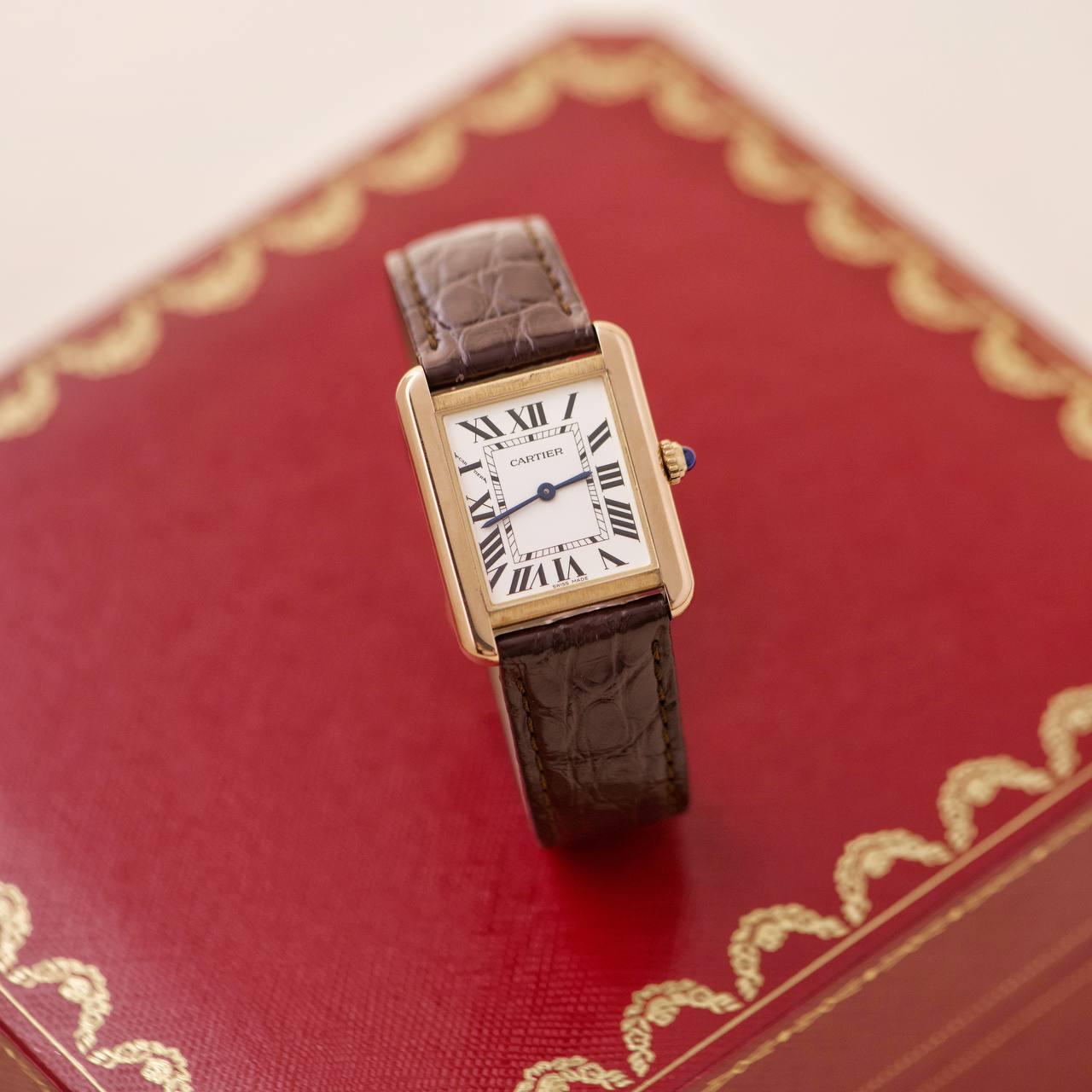 da uomo o donna Orologio da polso Cartier Tank Solo in oro rosa 18k e pelle marrone W5200024