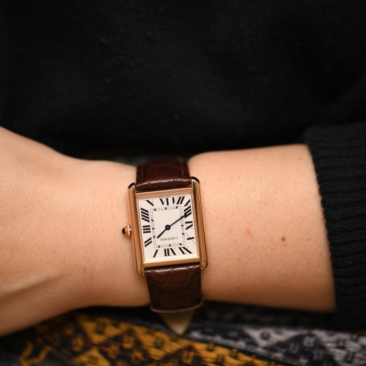 Cabochon Orologio da polso Cartier Tank Solo in oro rosa 18 carati e pelle marrone W5200025