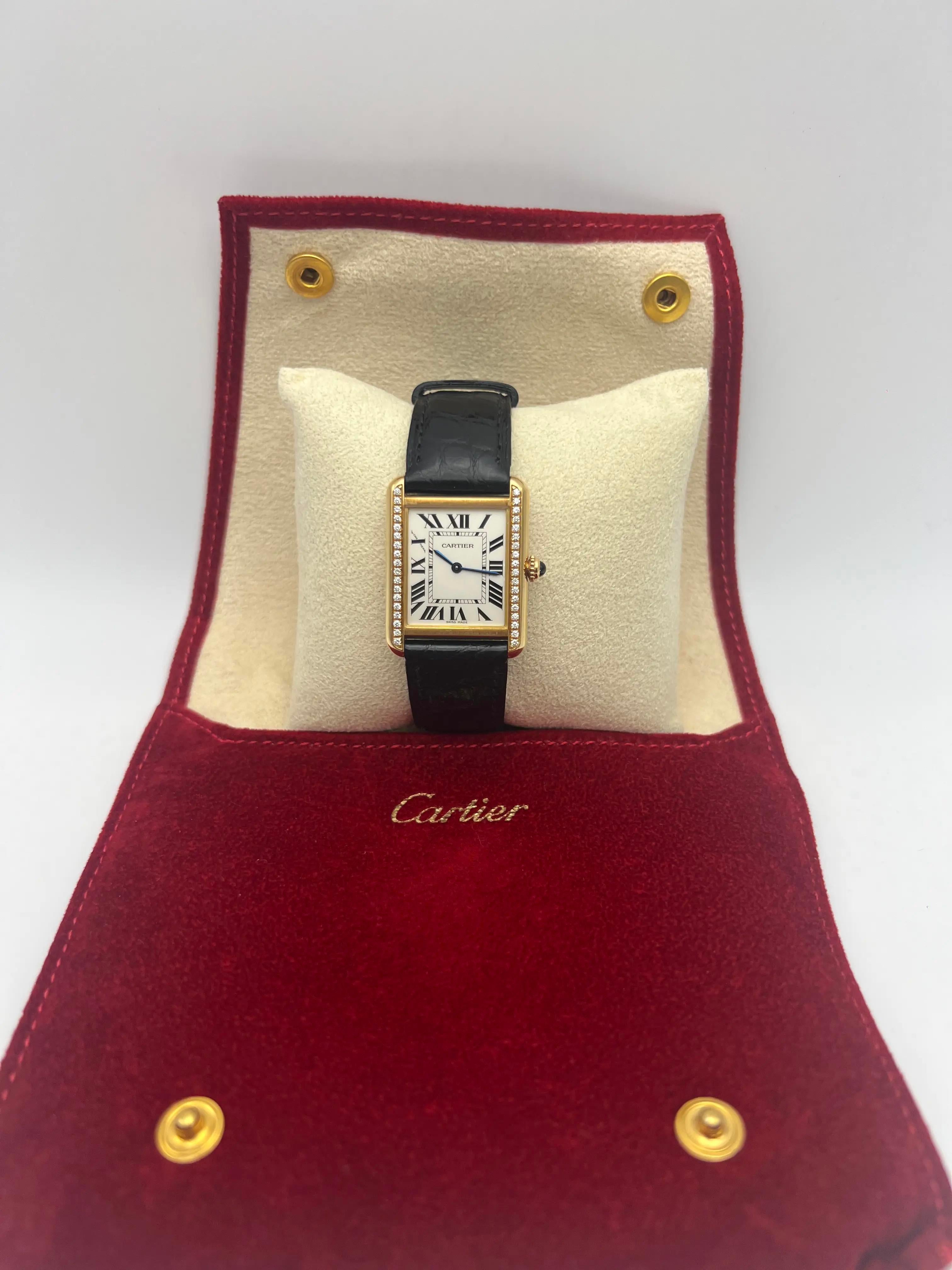 Round Cut Cartier Tank Solo 18K Yellow Gold Women's Watch W1018755 Custom Diamond Bezel For Sale