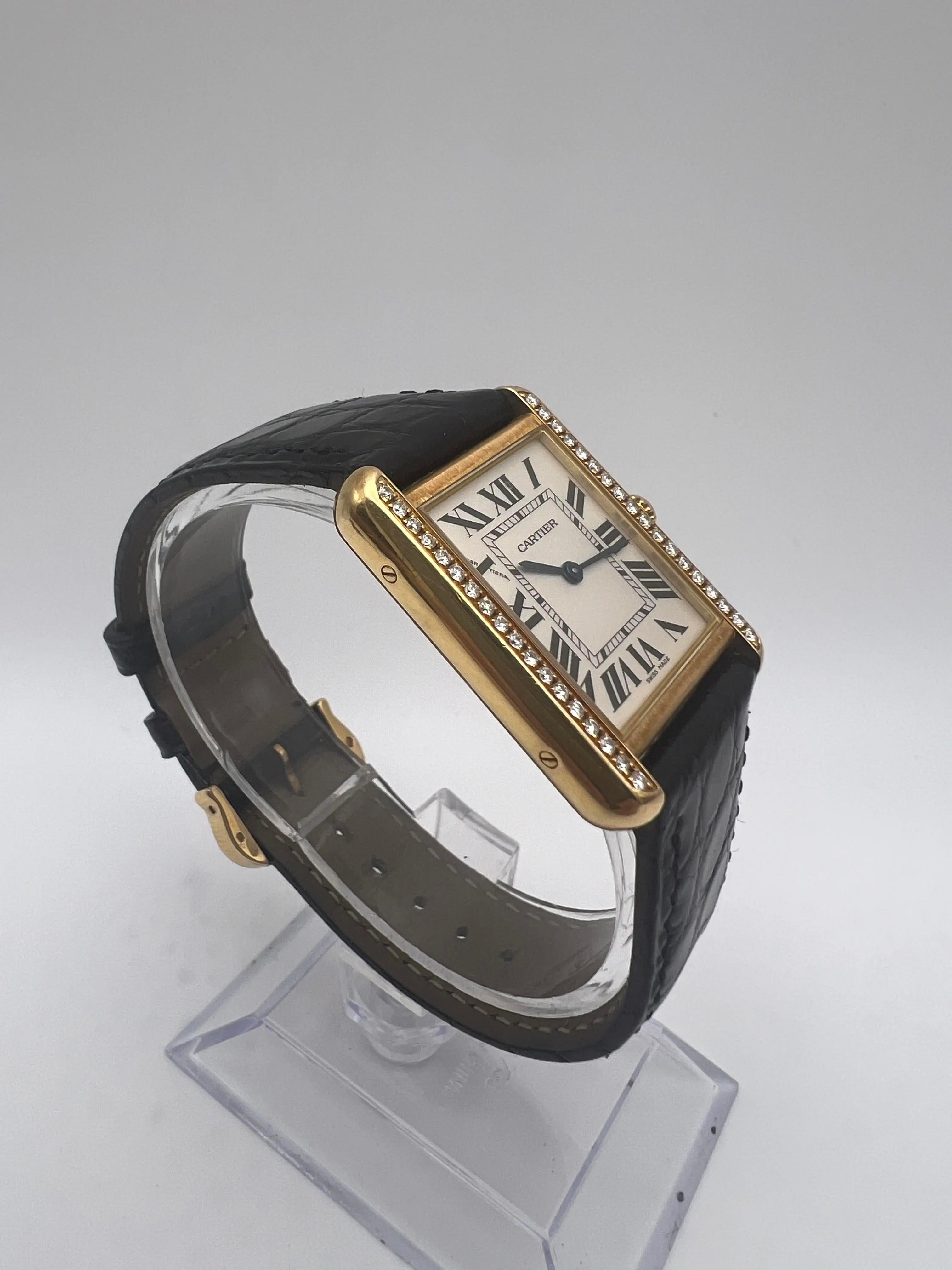 Cartier Tank Solo 18K Yellow Gold Women's Watch W1018755 Custom Diamond Bezel In Excellent Condition For Sale In New York, NY