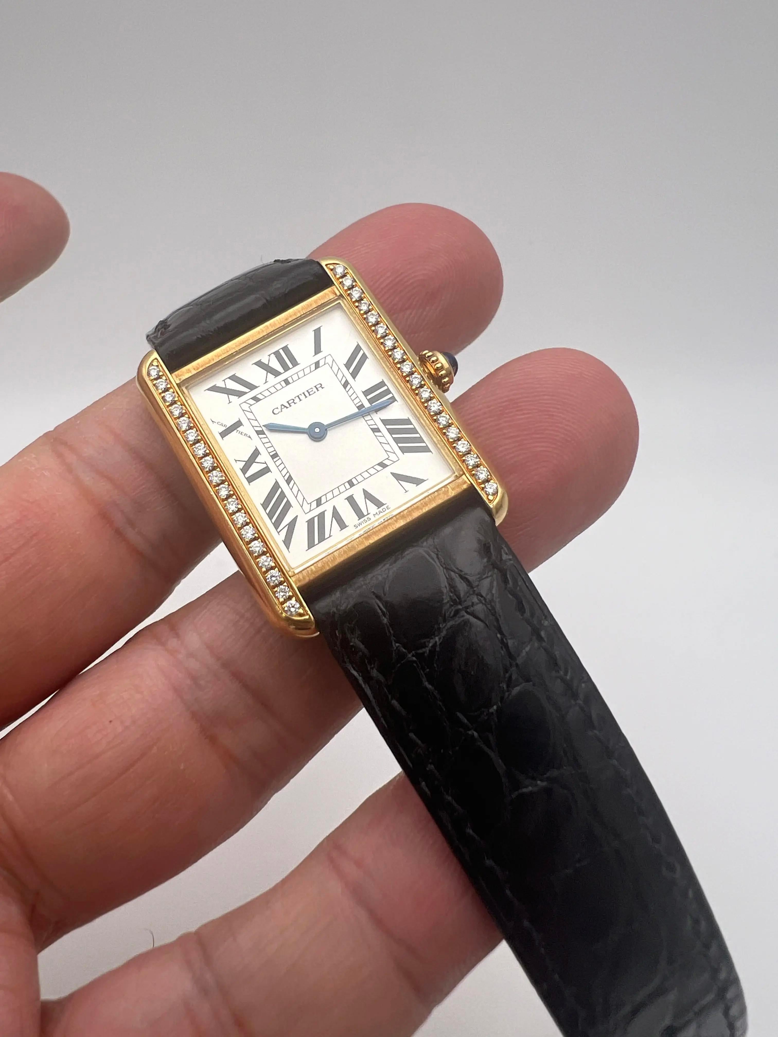 Cartier Tank Solo 18K Yellow Gold Women's Watch W1018755 Custom Diamond Bezel For Sale 2