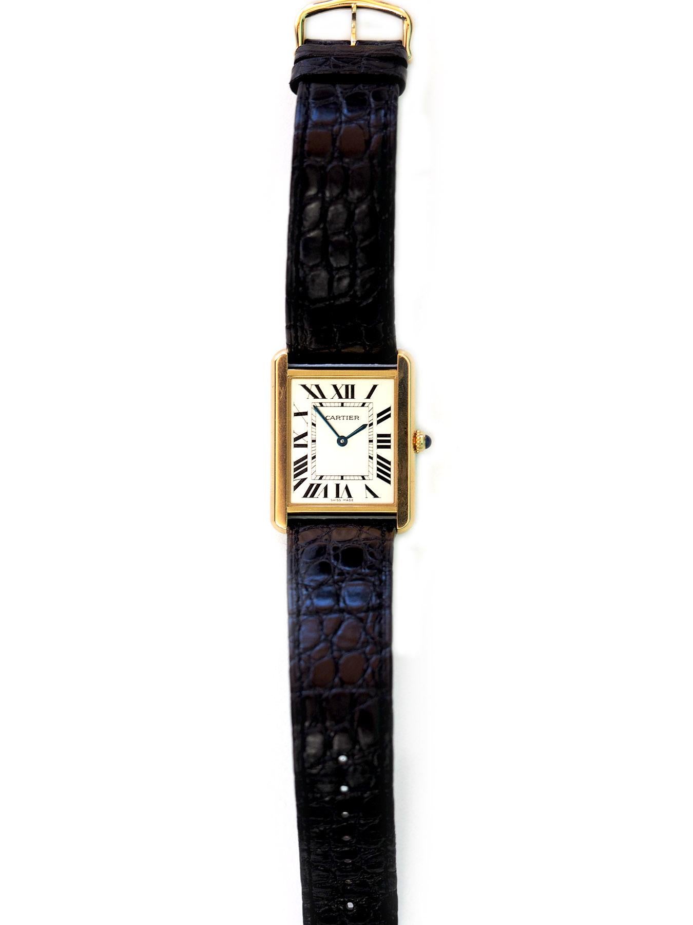 Cartier Tank Solo 18 Karat Gold Quartz Watch Large with Cartier Leather Band In Excellent Condition In Addison, TX