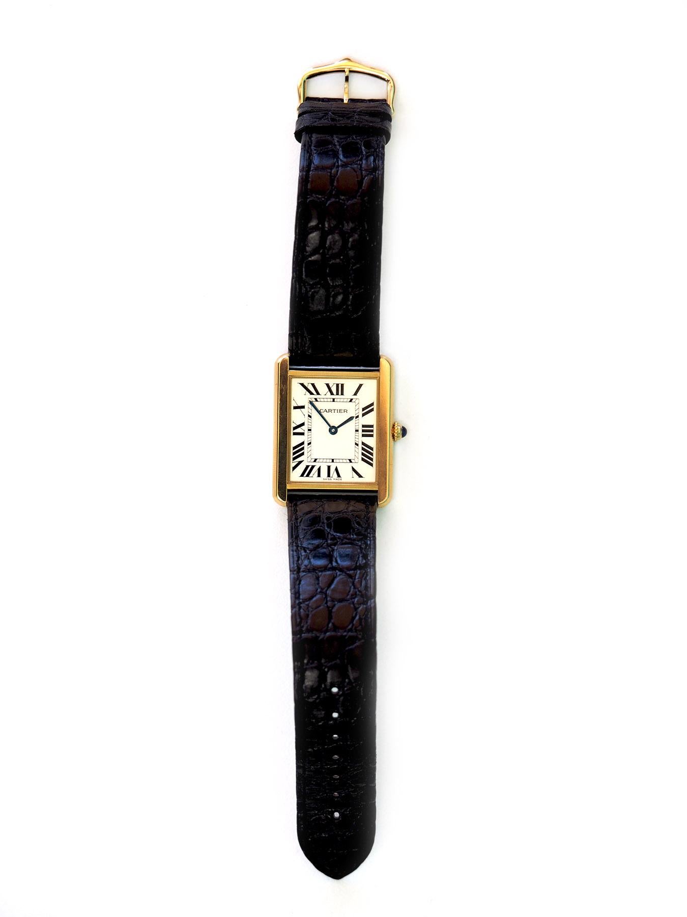 Women's or Men's Cartier Tank Solo 18 Karat Gold Quartz Watch Large with Cartier Leather Band