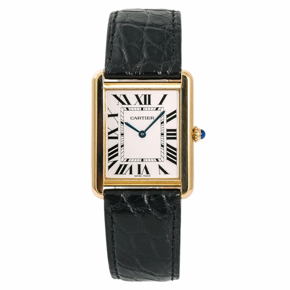 Cartier Tank Solo 2742 W1018855 Men's Quartz Watch Silver Dial 18 Karat Gold