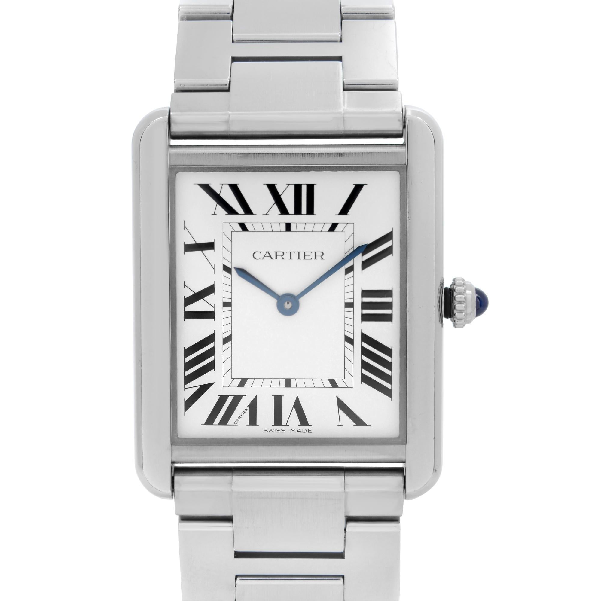 Pre-Owned Cartier Tank Solo 27mm Stainless Steel Silver Dial Unisex Quartz Watch W5200014. The Watch is powered by a Quartz Movement. This Beautiful Timepiece Features: Polished Stainless Steel Case and Bracelet. Beaded crown set with a synthetic