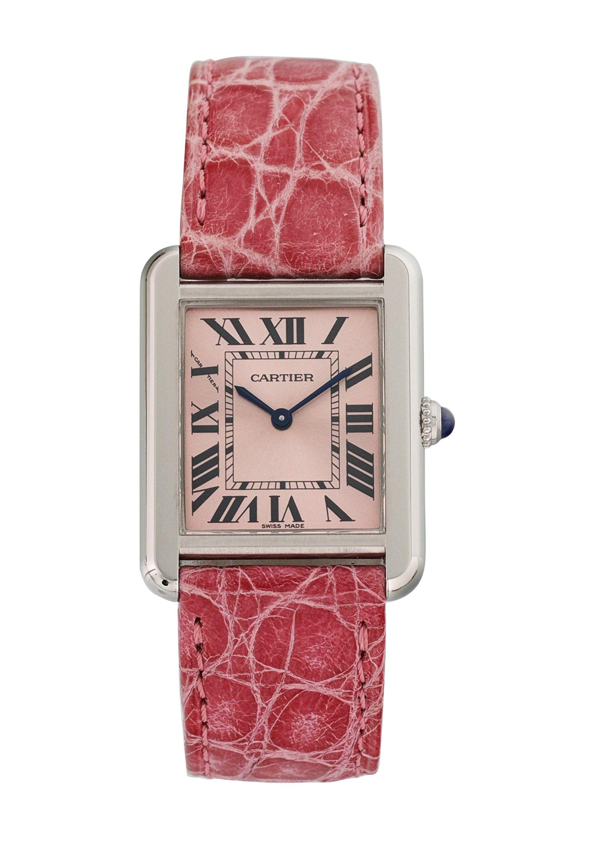 Cartier Tank Solo 3170 Ladies Watch.
24 x 30mm Stainless Steel case. 
Stainless Steel Stationary bezel. 
Pink dial with Blue steel hands and index hour markers. 
Minute markers on the inner dial. 
Leather Strap with Deployment Buckle. 
Will fit up
