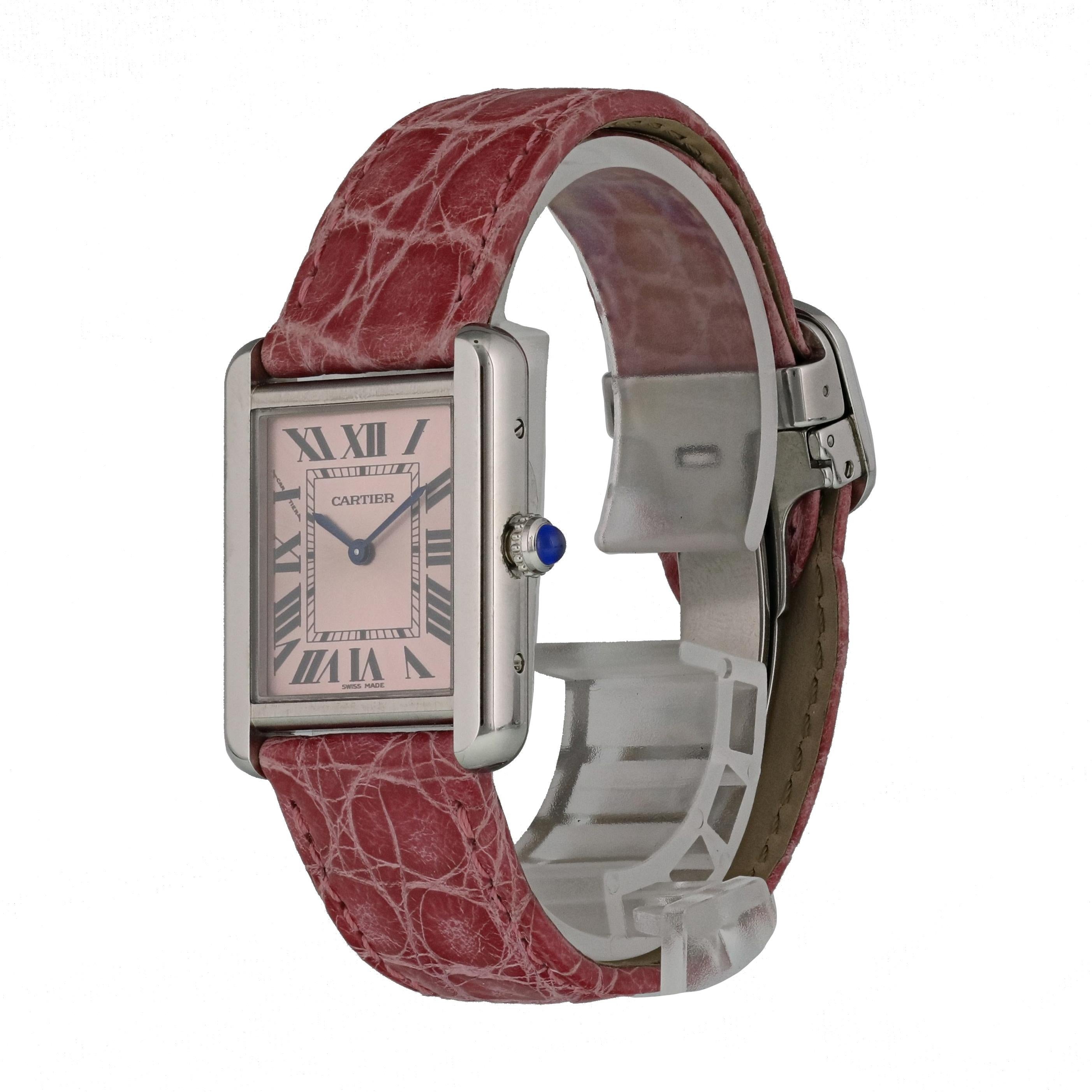 Cartier Tank Solo 3170 Ladies Watch.
24 x 30mm Stainless Steel case. 
Stainless Steel Stationary bezel. 
Pink dial with Blue steel hands and index hour markers. 
Minute markers on the inner dial. 
Leather Strap with Deployment Buckle. 
Will fit up