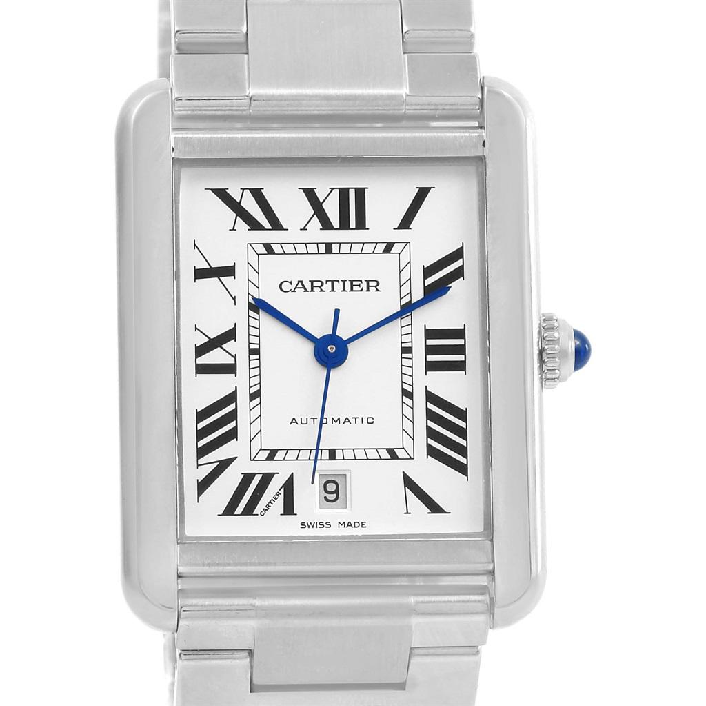 Cartier Tank Solo XL Automatic Silver Dial Mens Watch W5200028. Automatic self-winding movement. Stainless steel case 31.0 x 40.85 mm. Circular grained crown set with the blue sapphire cabochon. Stainless steel fixed bezel. Scratch resistant