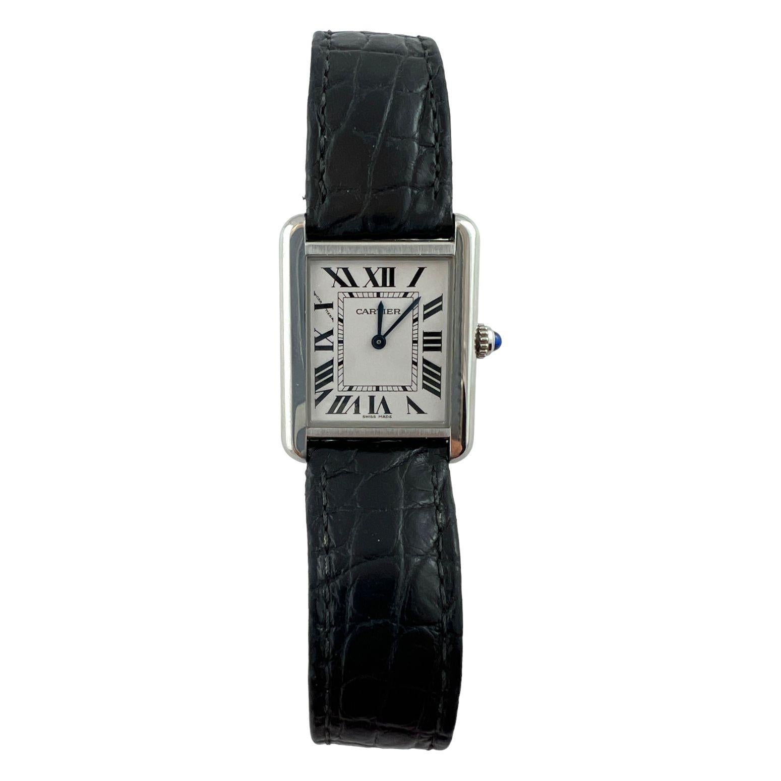 Cartier Tank Solo Ladies Watch

Model: 3170
Serial: 0514153WX

This classic Cartier ladies watch is set in stainless steel

Case is 24mm x 31mm

White Dial with black roman numerals and blue hands

Quartz movement

Blue cabochon sapphire