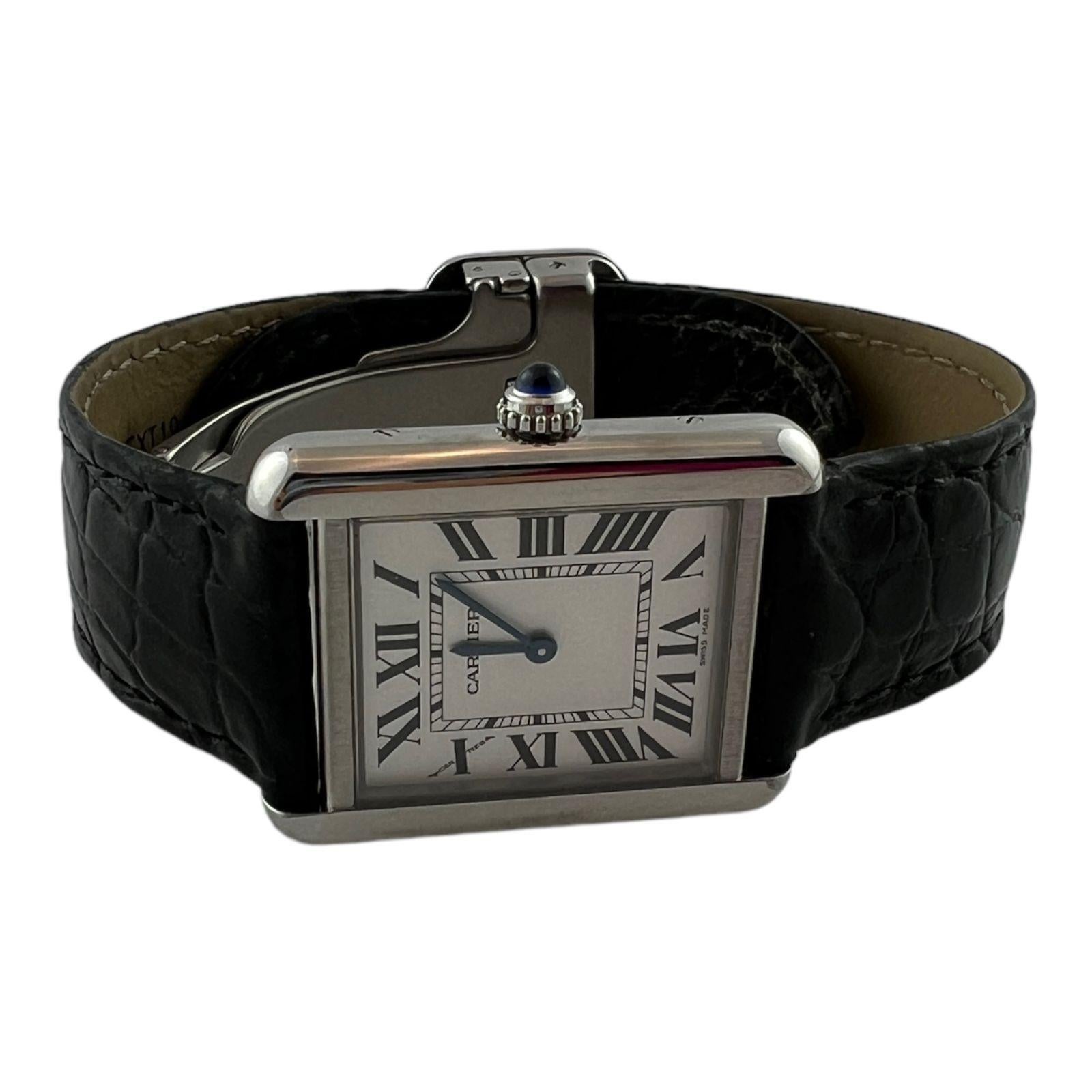 Cartier Tank Solo Ladies Watch 3170 Quartz Stainless Steel Black Leather Band In Good Condition In Washington Depot, CT