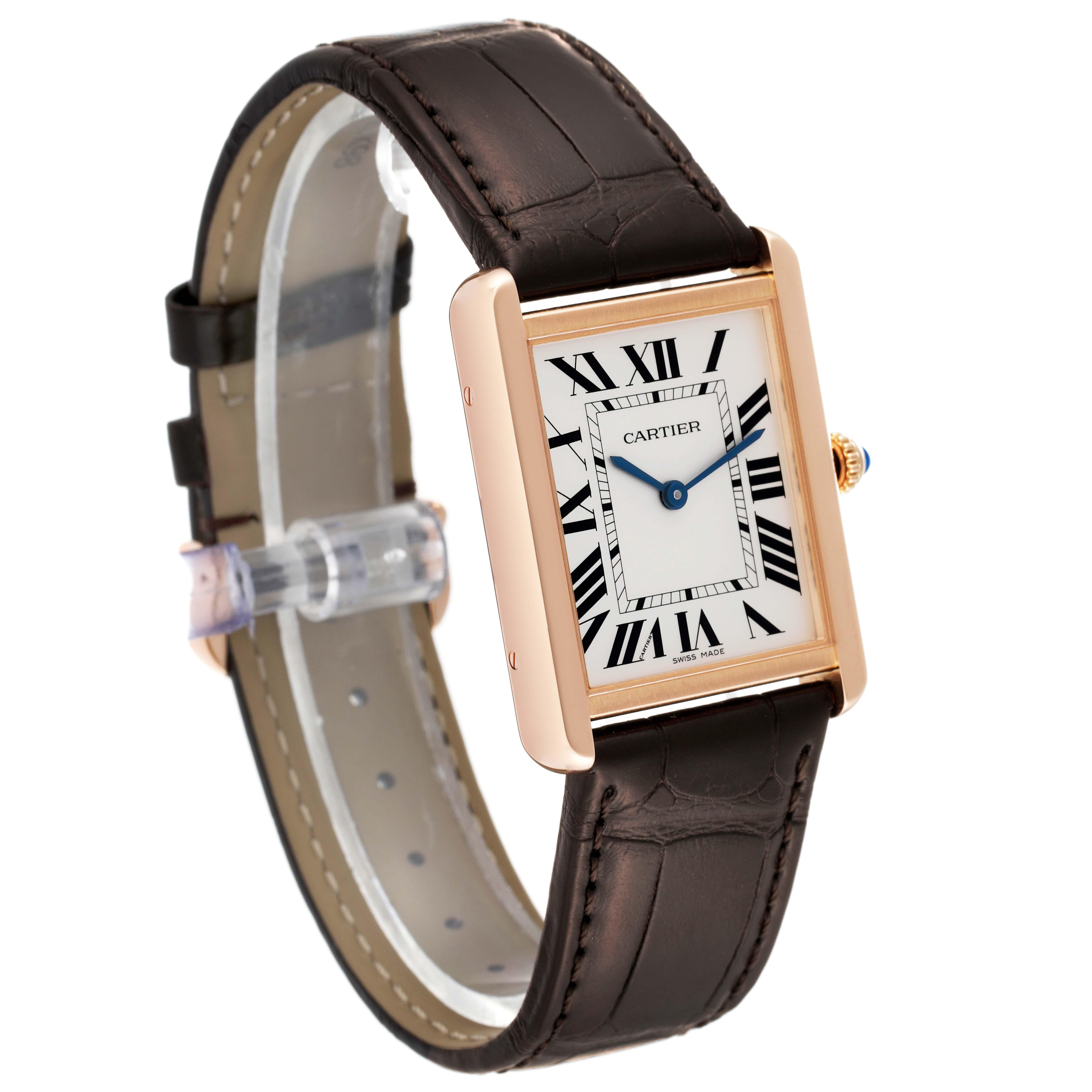 Cartier Tank Solo Large Rose Gold Steel Brown Strap Mens Watch W5200025 Card In Excellent Condition In Atlanta, GA