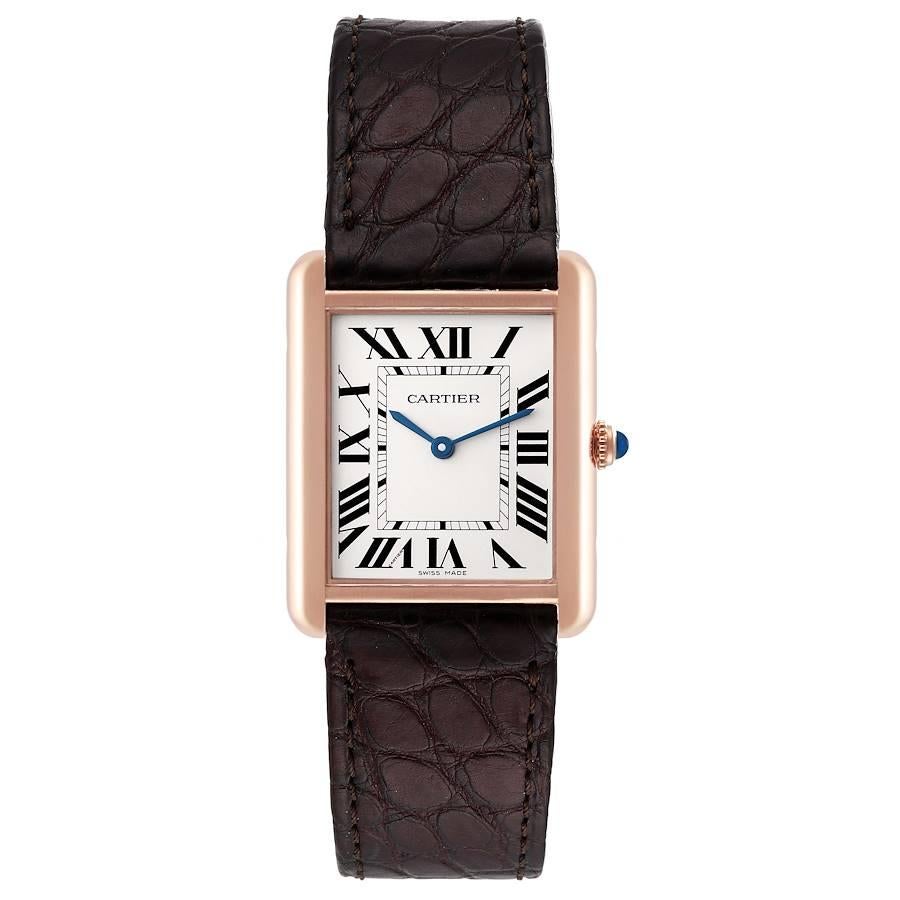 Cartier Tank Solo Large Rose Gold Steel Brown Strap Mens Watch W5200025. Quartz movement. 18k rose gold case 34.0 x 27.0 mm. Stainless steel case back. Circular grained crown set with a blue spinel cabochon. . Scratch resistant sapphire crystal.