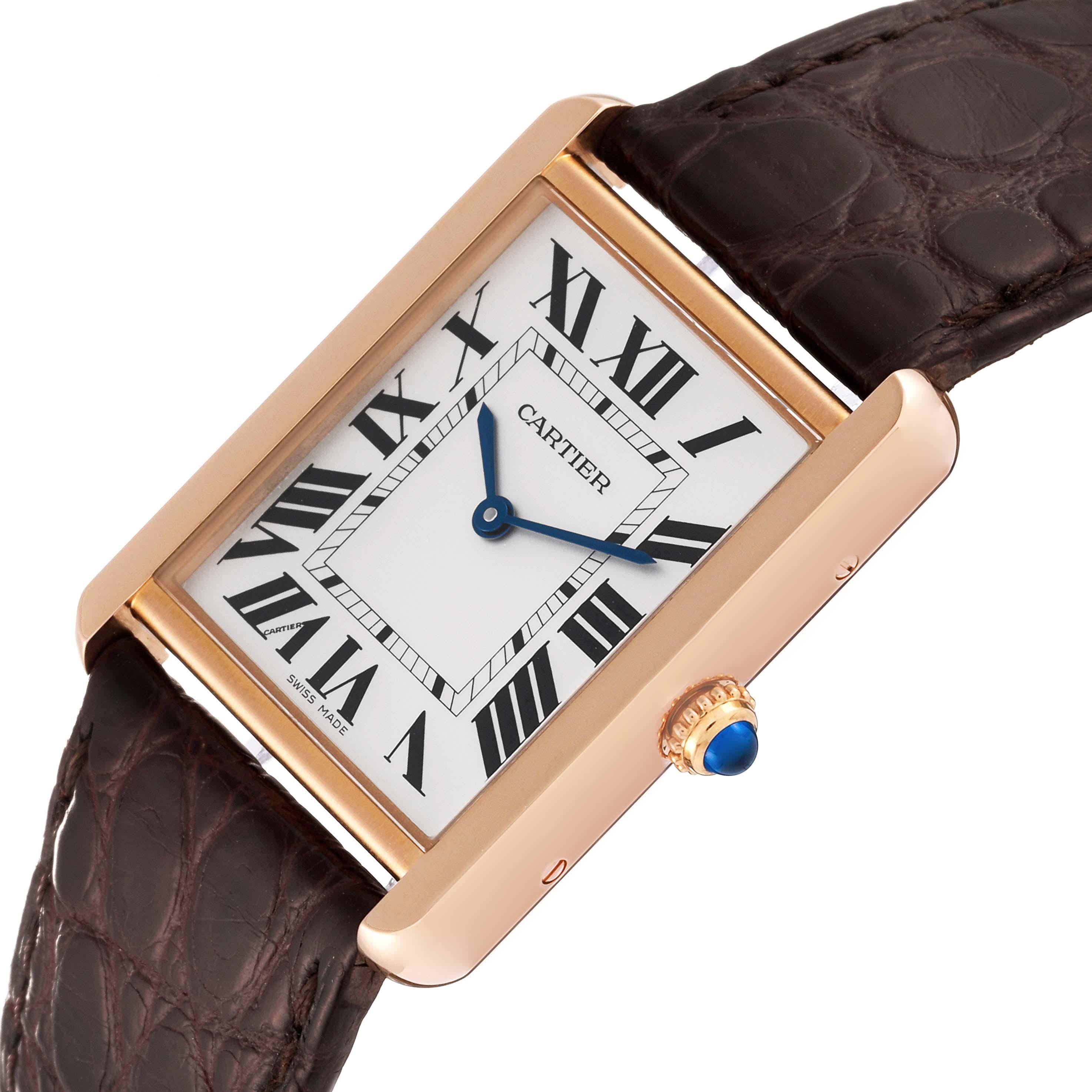 Men's Cartier Tank Solo Large Rose Gold Steel Brown Strap Mens Watch W5200025 For Sale