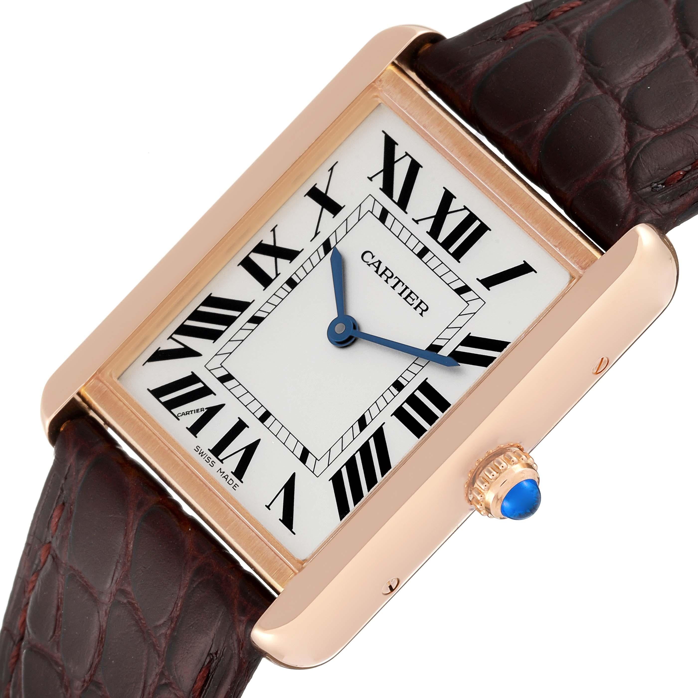 Cartier Tank Solo Large Rose Gold Steel Brown Strap Mens Watch W5200025 Papers In Excellent Condition In Atlanta, GA