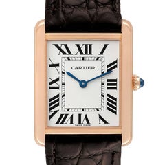 Cartier: Große Roségold Stahl-Herrenuhr mit braunem Riemen, W5200025, Tank Solo