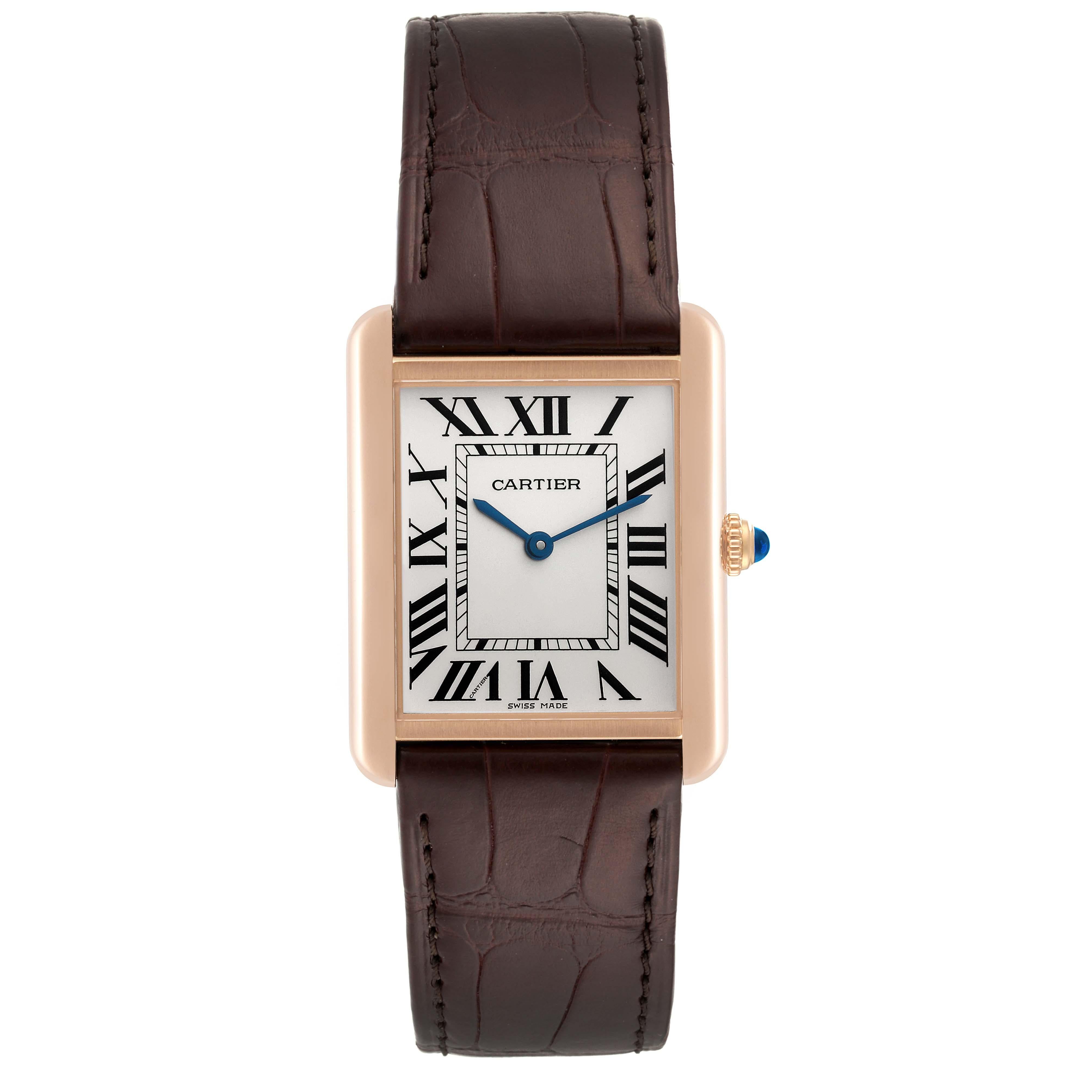 Cartier Tank Solo Large Rose Gold Steel Mens Watch W5200025 Card In Excellent Condition In Atlanta, GA