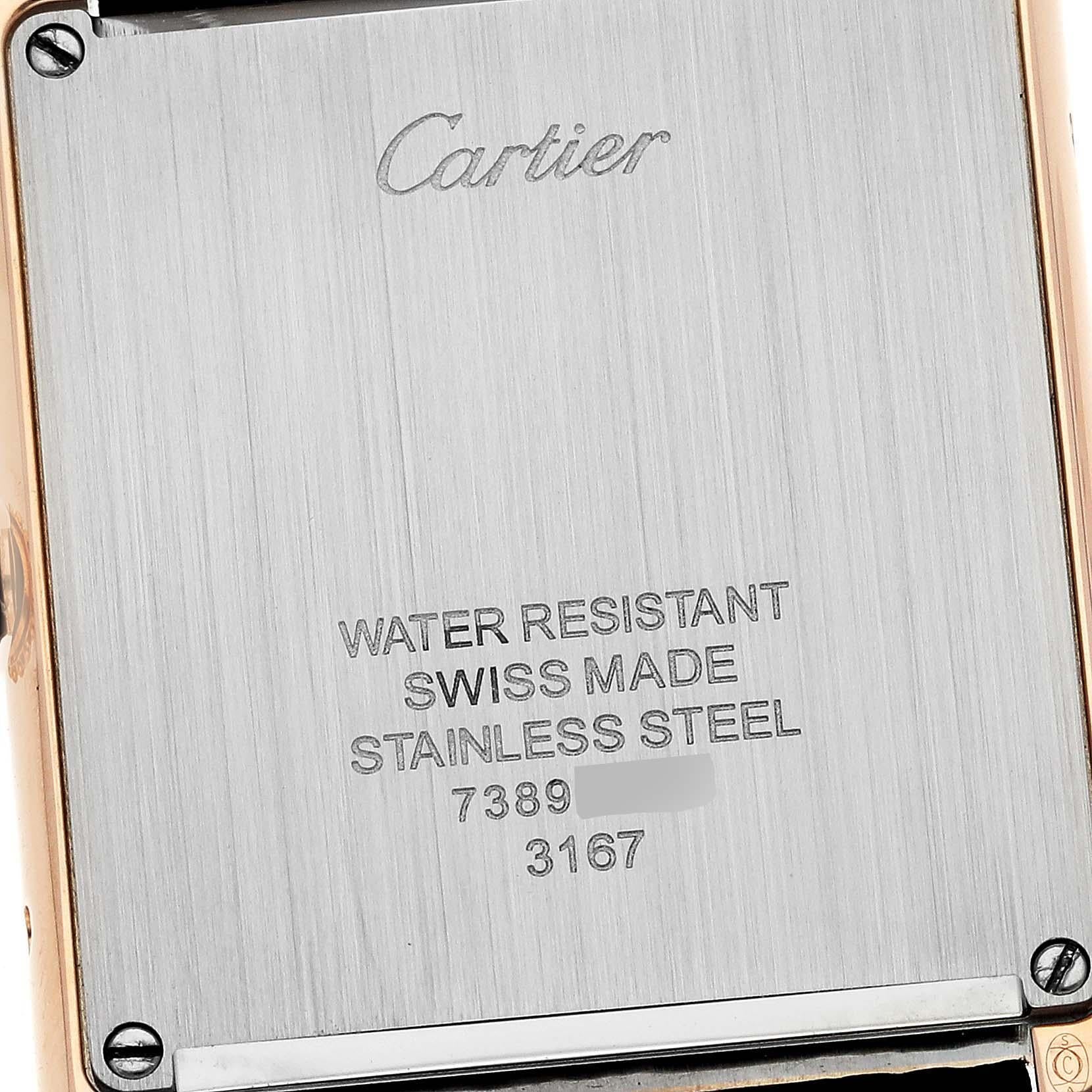 Cartier Tank Solo Large Rose Gold Steel Mens Watch W5200025. Quartz movement. 18k rose gold case 34.0 x 27.0 mm. Stainless steel caseback. Circular grained crown set with a blue spinel cabochon. . Scratch resistant sapphire crystal. Silvered opaline