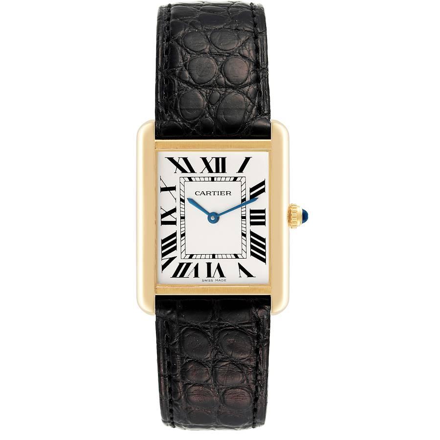 Cartier Tank Solo Large Yellow Gold Steel Mens Watch W5200004. Quartz movement. 18k yellow gold case 34 mm x 27 mm. Stainless steel case back. Circular grained crown set with a blue spinel cabochon. . Scratch resistant sapphire crystal. Silver