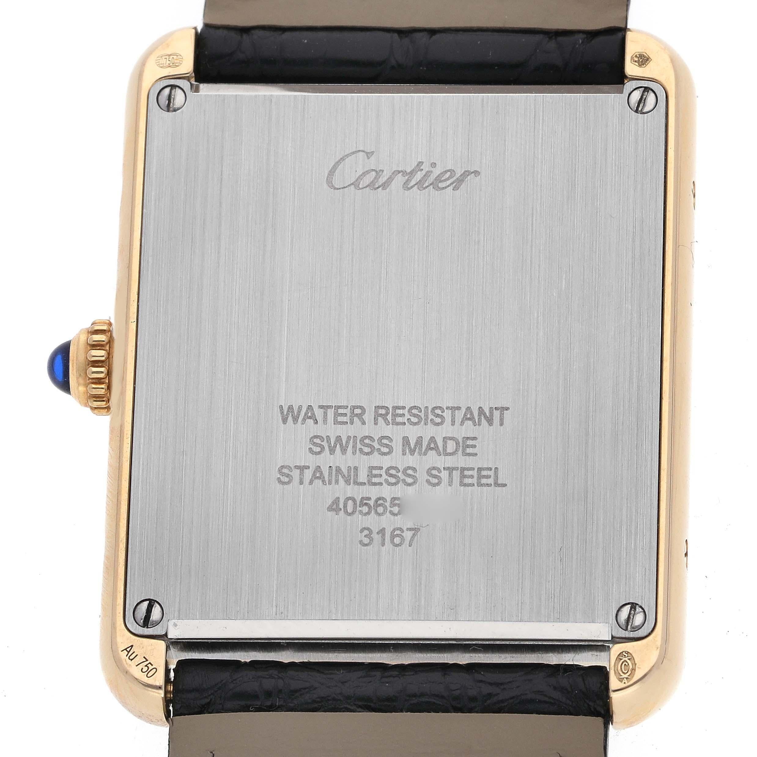 Cartier Tank Solo Large Yellow Gold Steel Mens Watch W5200004 In Excellent Condition For Sale In Atlanta, GA