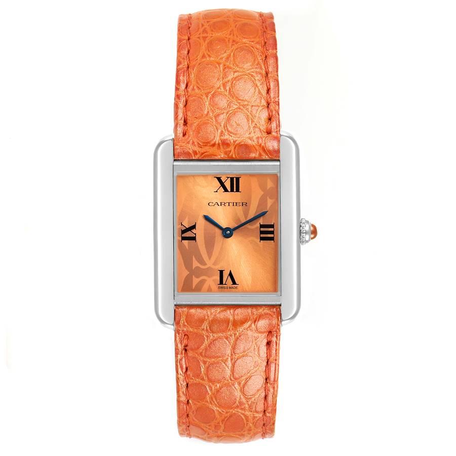 Cartier Tank Solo Orange Dial Limited Edition Ladies Watch W1019455 Papers. Quartz movement. Stainless steel case 30.0 x 23.0 mm. Circular grained crown set with the orange spinel cabochon. . Scratch resistant sapphire crystal. Orange laquered dial