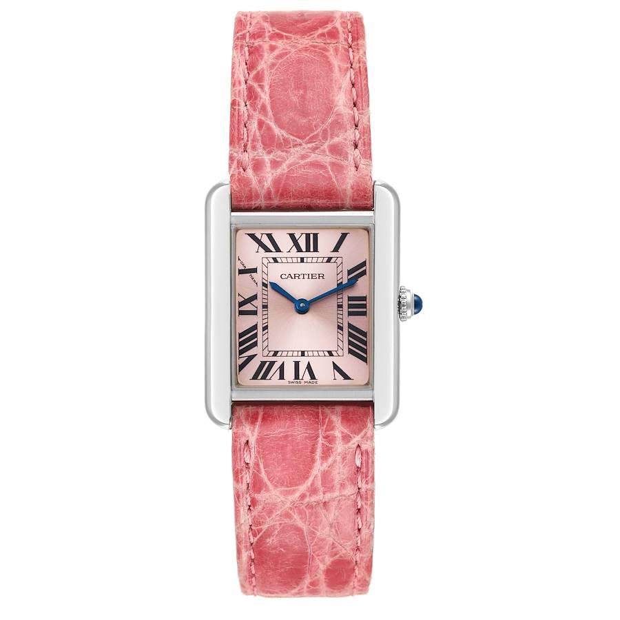 Cartier Tank Solo Pink Dial Pink Strap Steel Ladies Watch W5200000 Papers. Quartz movement. Stainless steel case 30.0 x 23.0 mm. Circular grained crown set with the blue spinel cabochon. . Scratch resistant sapphire crystal. Pink dial with grey