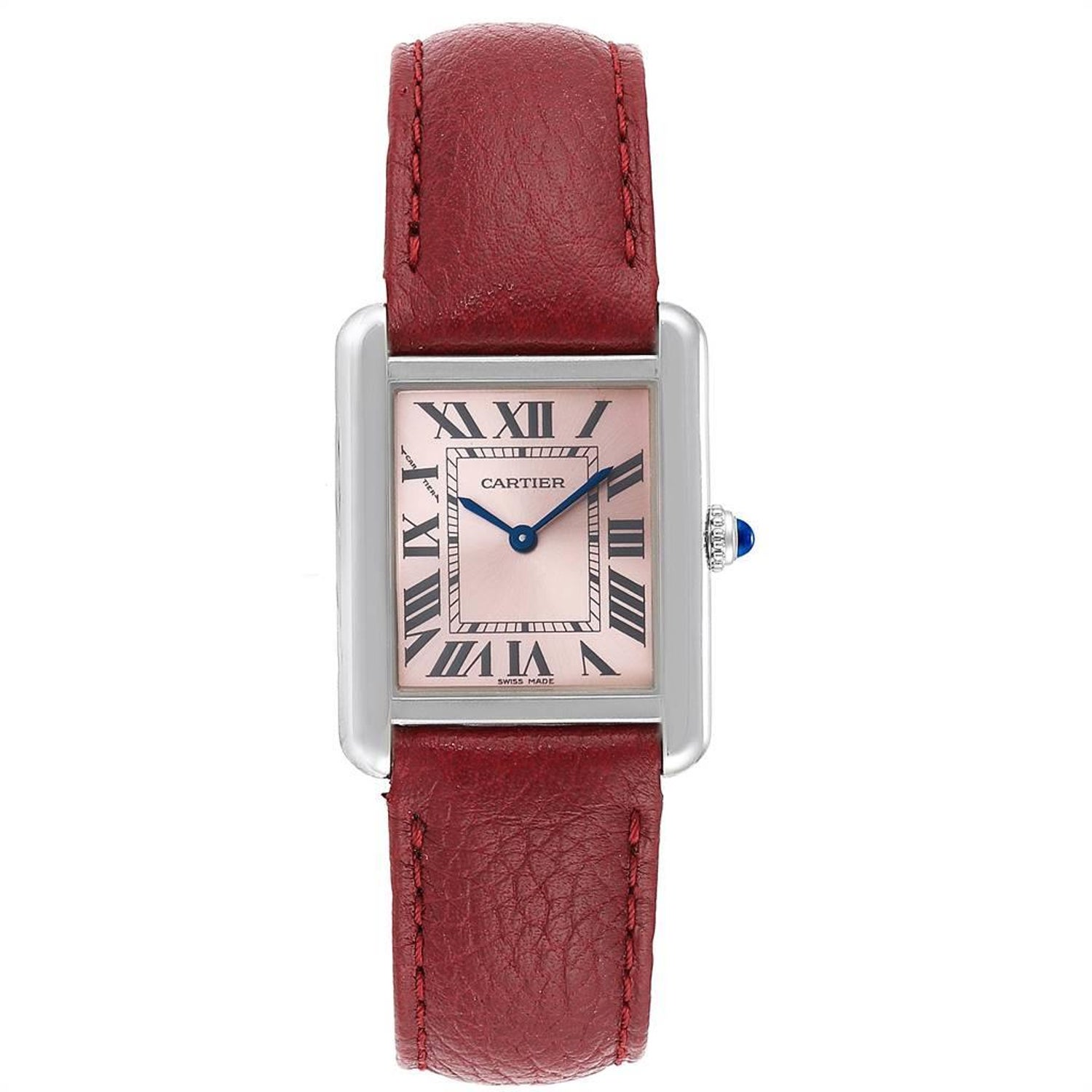 Cartier Tank Solo Pink Dial Red Strap Steel Ladies Watch 3170 For Sale At 1stdibs