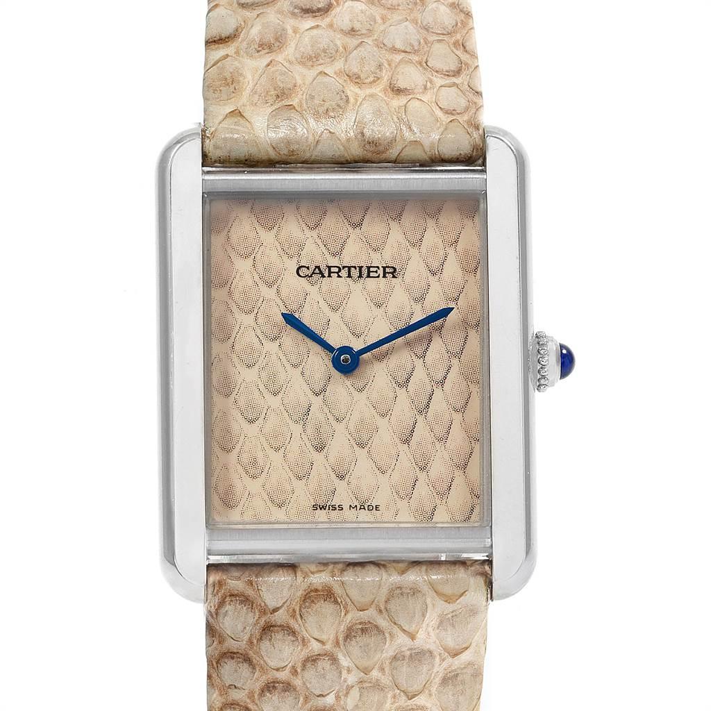 Cartier Tank Solo Python Pattern Steel Ladies Watch W5200020. Quartz movement. Stainless steel case 30.0 x 23.0 mm. Circular grained crown set with the blue spinel cabochon. Scratch resistant sapphire crystal. Python pattern dial. Sword shaped blued