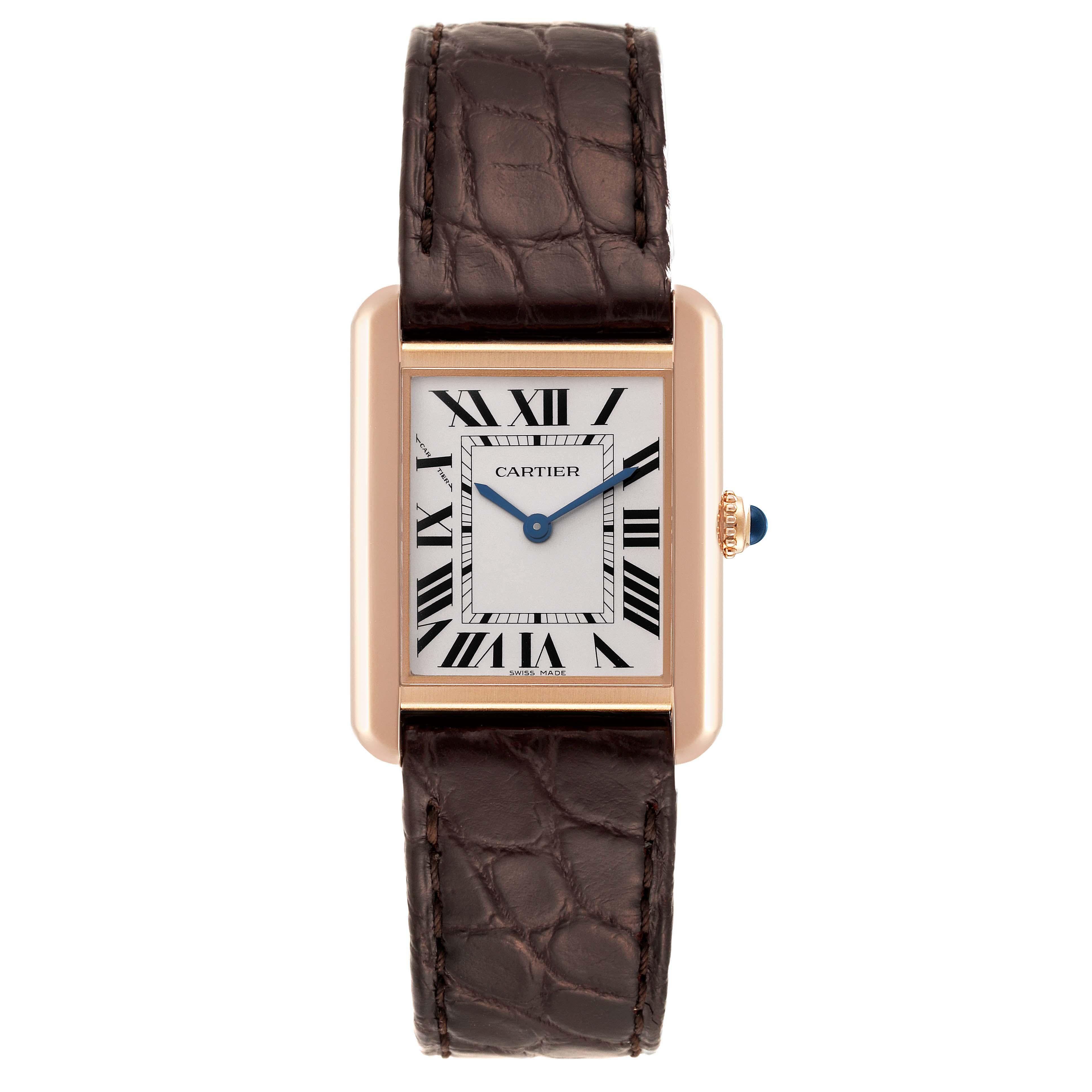 Cartier Tank Solo Silver Dial Rose Gold Steel Ladies Watch W5200024 Card. Quartz movement. 18k rose gold 30.0 x 24.4 mm case with stainless steel caseback. Circular grained crown set with blue spinel cabochon. . Scratch resistant sapphire crystal.