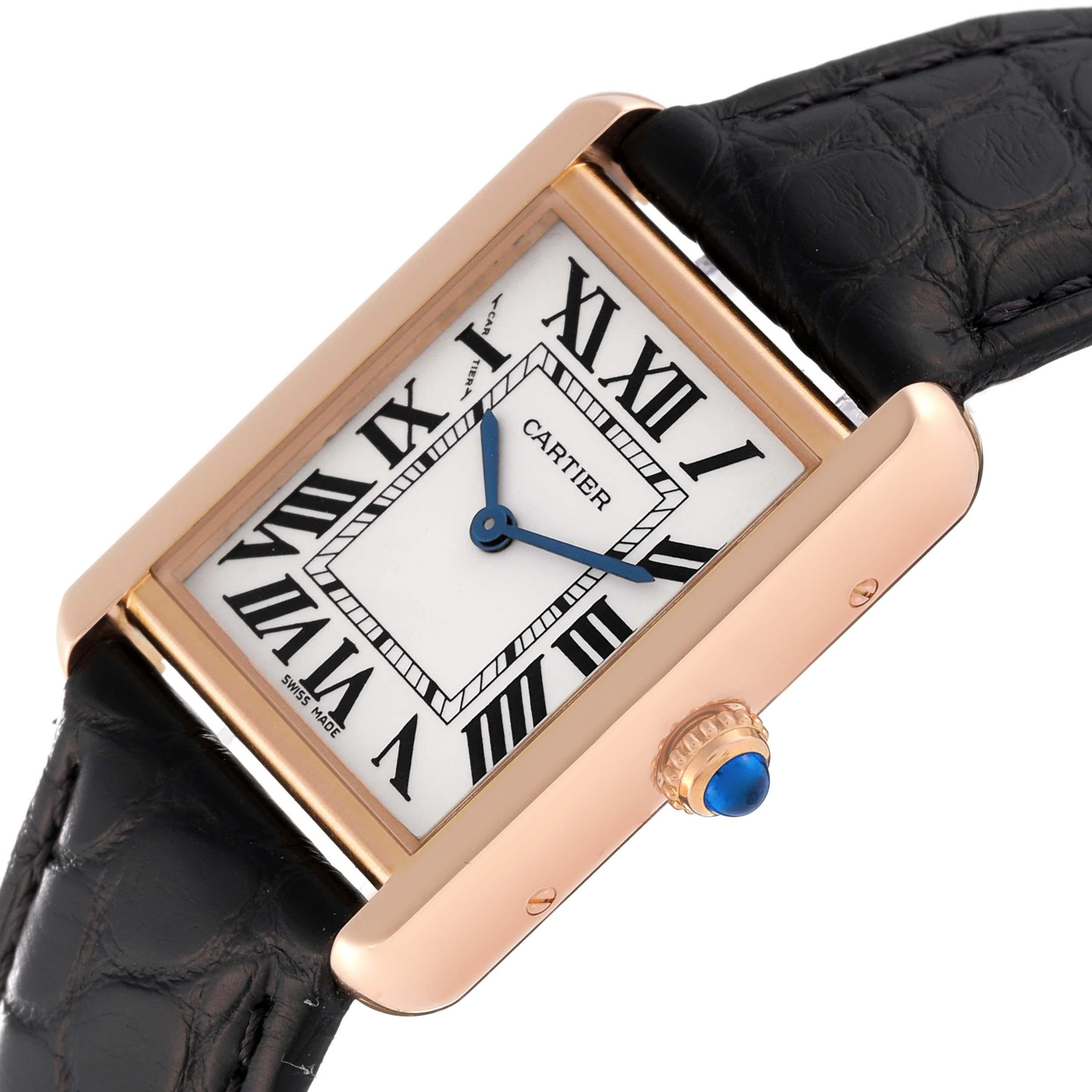 Cartier Tank Solo Silver Dial Rose Gold Steel Ladies Watch W5200024 Card. Quartz movement. 18k rose gold 30.0 x 24.4 mm case with stainless steel caseback. Circular grained crown set with blue spinel cabochon. . Scratch resistant sapphire crystal.