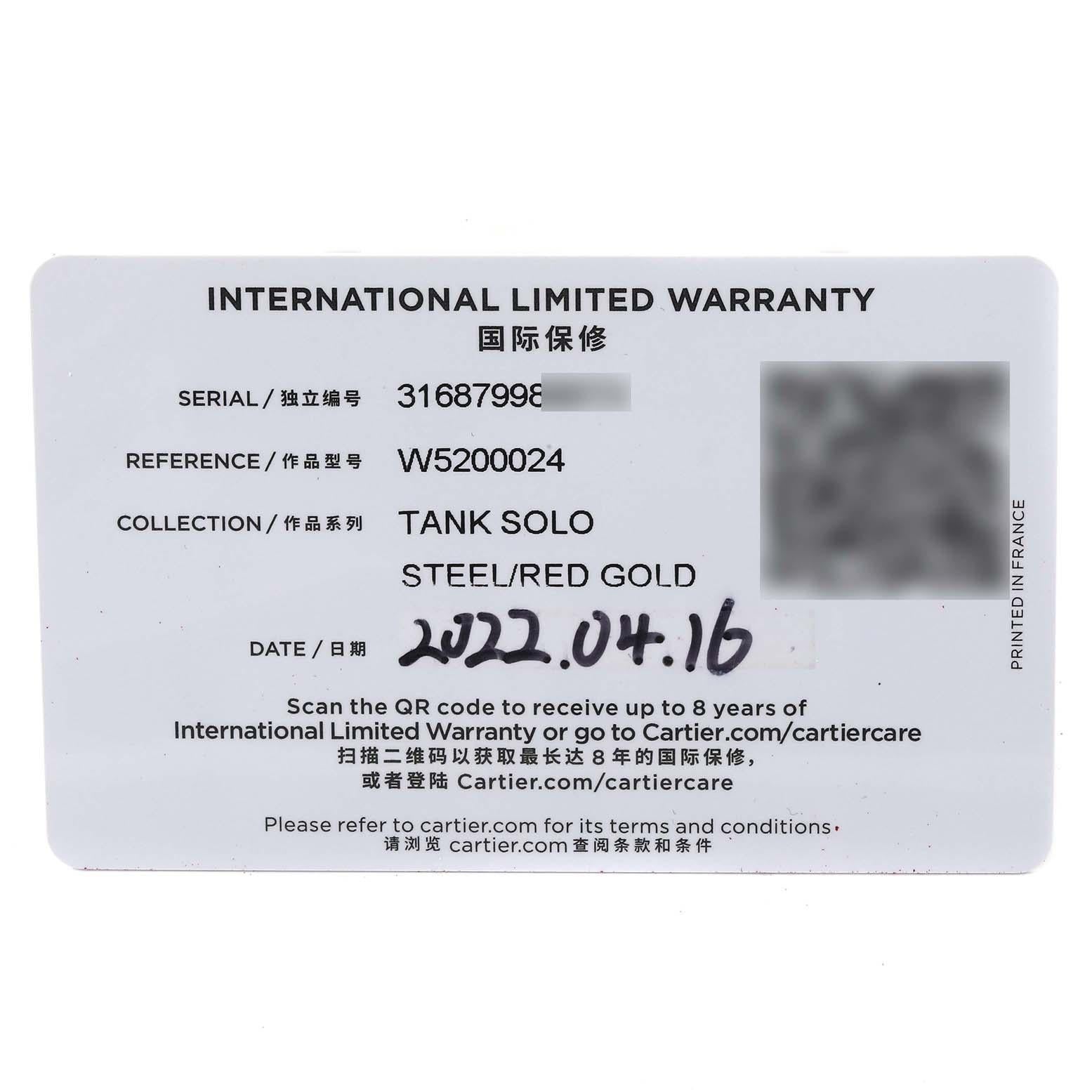 Cartier Tank Solo Montre pour femme avec cadran argenté, or rose et acier W5200024 carte en vente 2