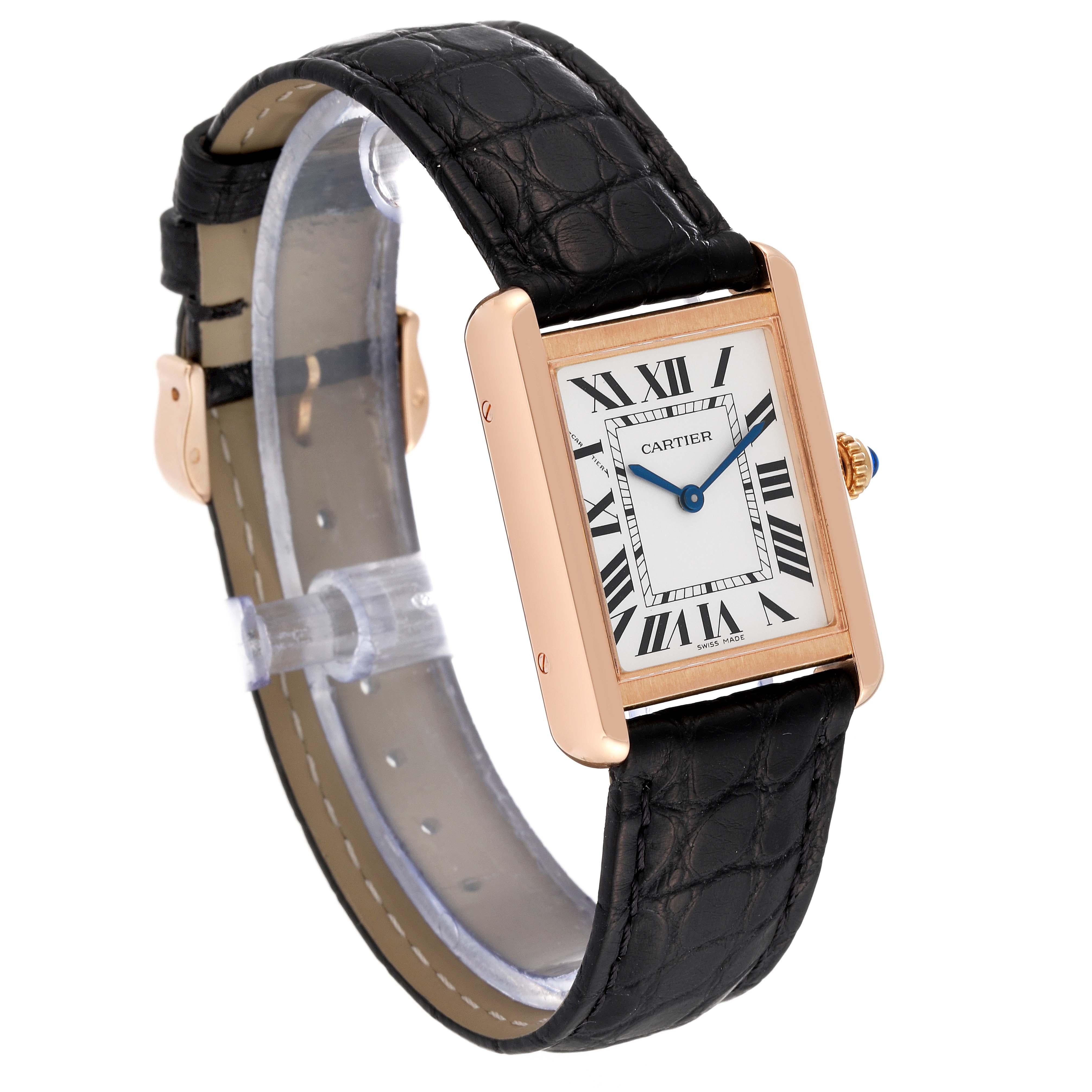 Cartier Tank Solo Silver Dial Rose Gold Steel Ladies Watch W5200024. Quartz movement. 18k rose gold 30.0 x 24.4 mm case with stainless steel caseback. Circular grained crown set with the blue spinel cabochon. . Scratch resistant sapphire crystal.