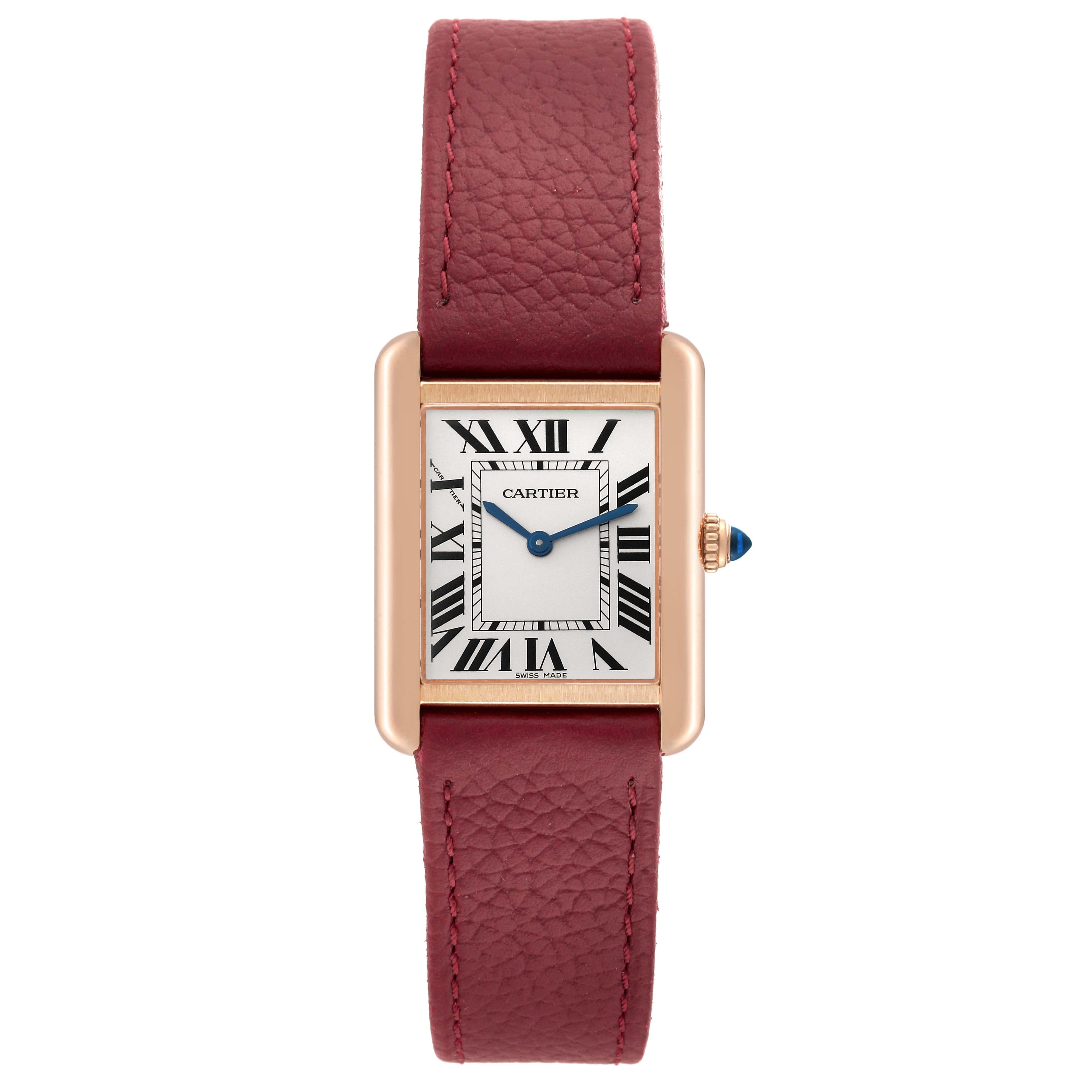 Cartier Tank Solo Silver Dial Rose Gold Steel Ladies Watch W5200024. Quartz movement. 18k rose gold 30.0 x 24.4 mm case with stainless steel caseback. Circular grained crown set with blue spinel cabochon. . Scratch resistant sapphire crystal.