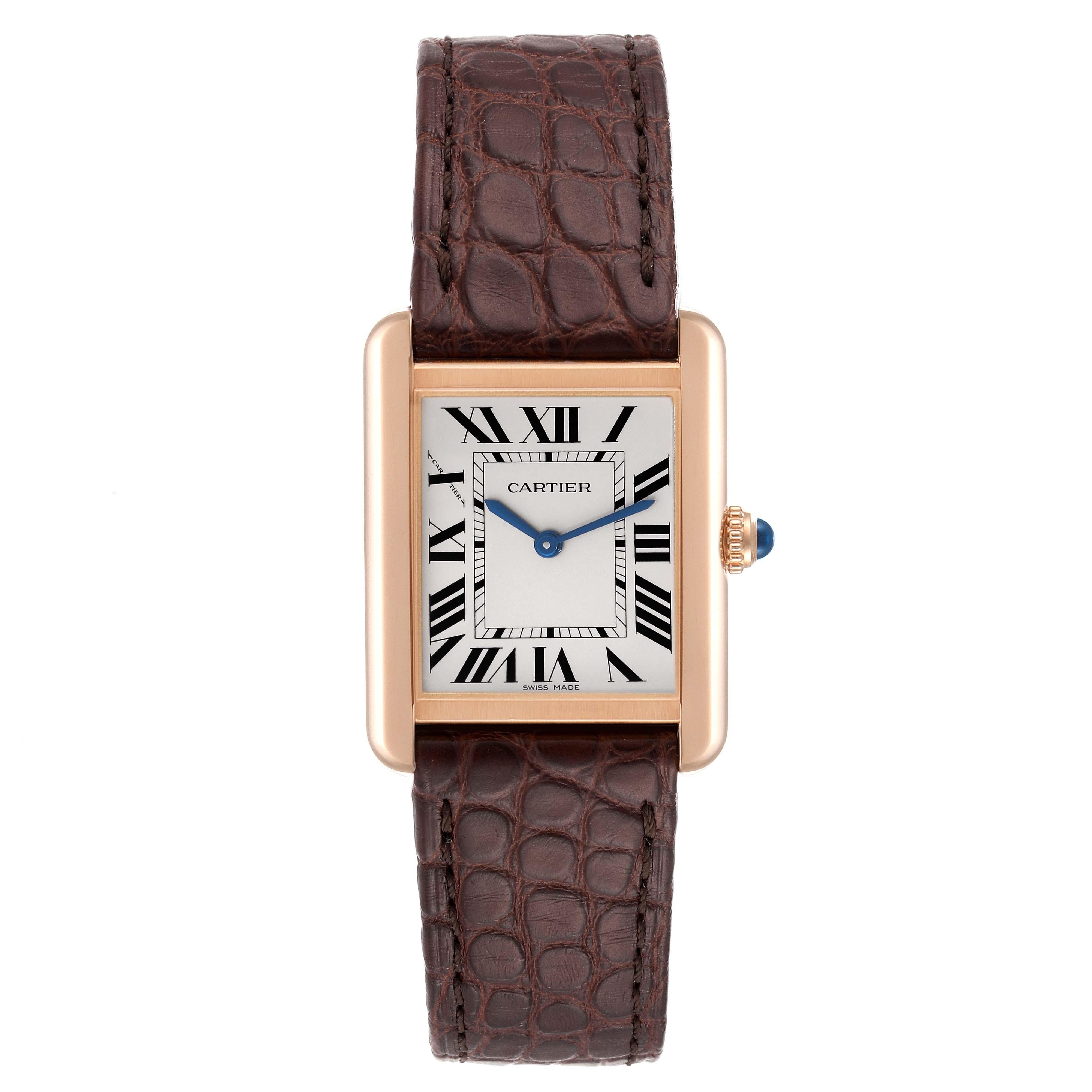 Cartier Tank Solo Silver Dial Rose Gold Steel Ladies Watch W5200024 Papers. Quartz movement. 18k rose gold and stainless steel caseback  30.0 x 24.4 mm. Circular grained crown set with the blue spinel cabochon. . Scratch resistant sapphire crystal.