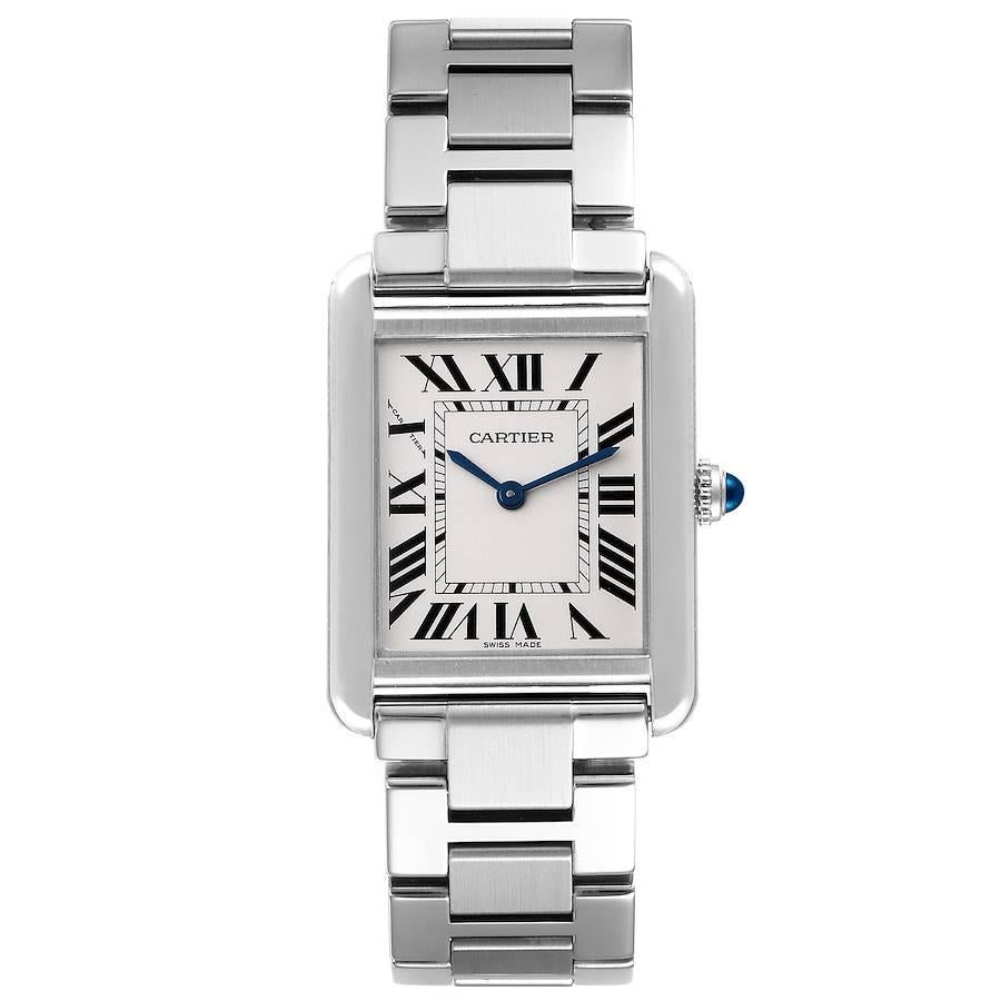 Cartier Tank Solo Silver Dial Small Steel Ladies Watch W5200013. Quartz movement. Case 31 x 24 mm. Circular grained crown set with the blue spinel cabochon. . Scratch resistant sapphire crystal. Silver opaline dial. Black roman numerals. Sword