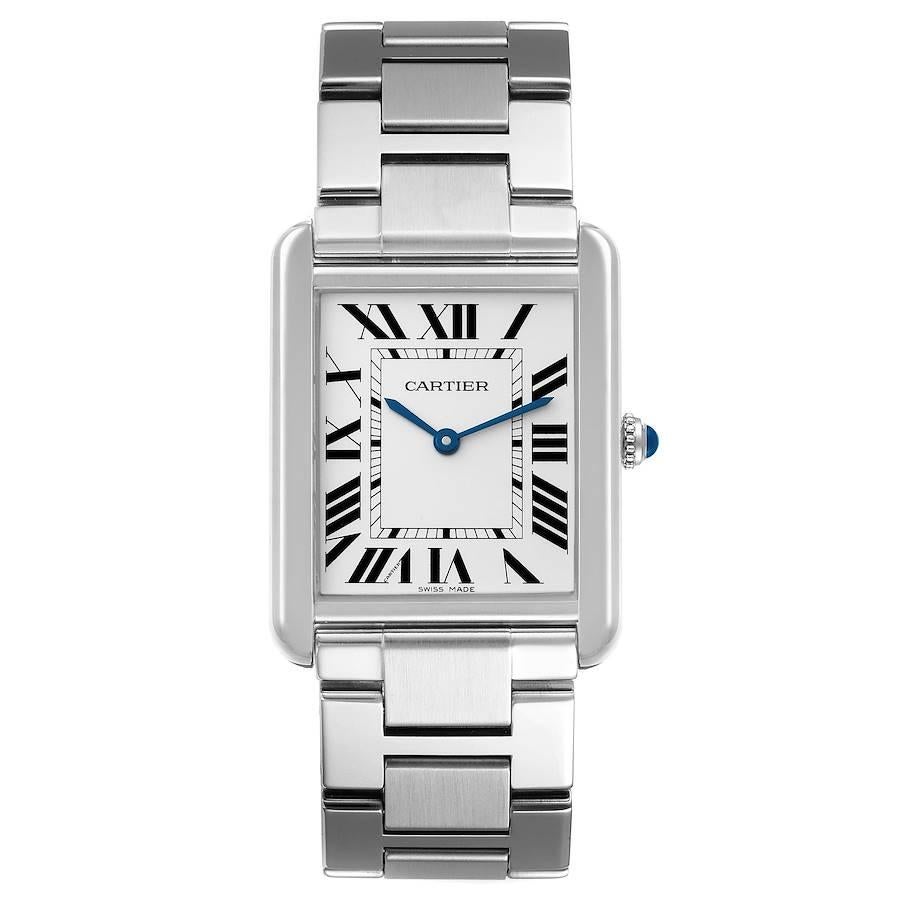 Cartier Tank Solo Silver Dial Steel Mens Watch W5200014 Box Papers. Quartz movement. Stainless steel case 27.0 x 34.0 mm. Circular grained crown set with the blue spinel cabochon. . Scratch resistant sapphire crystal. Silver opaline dial. Painted