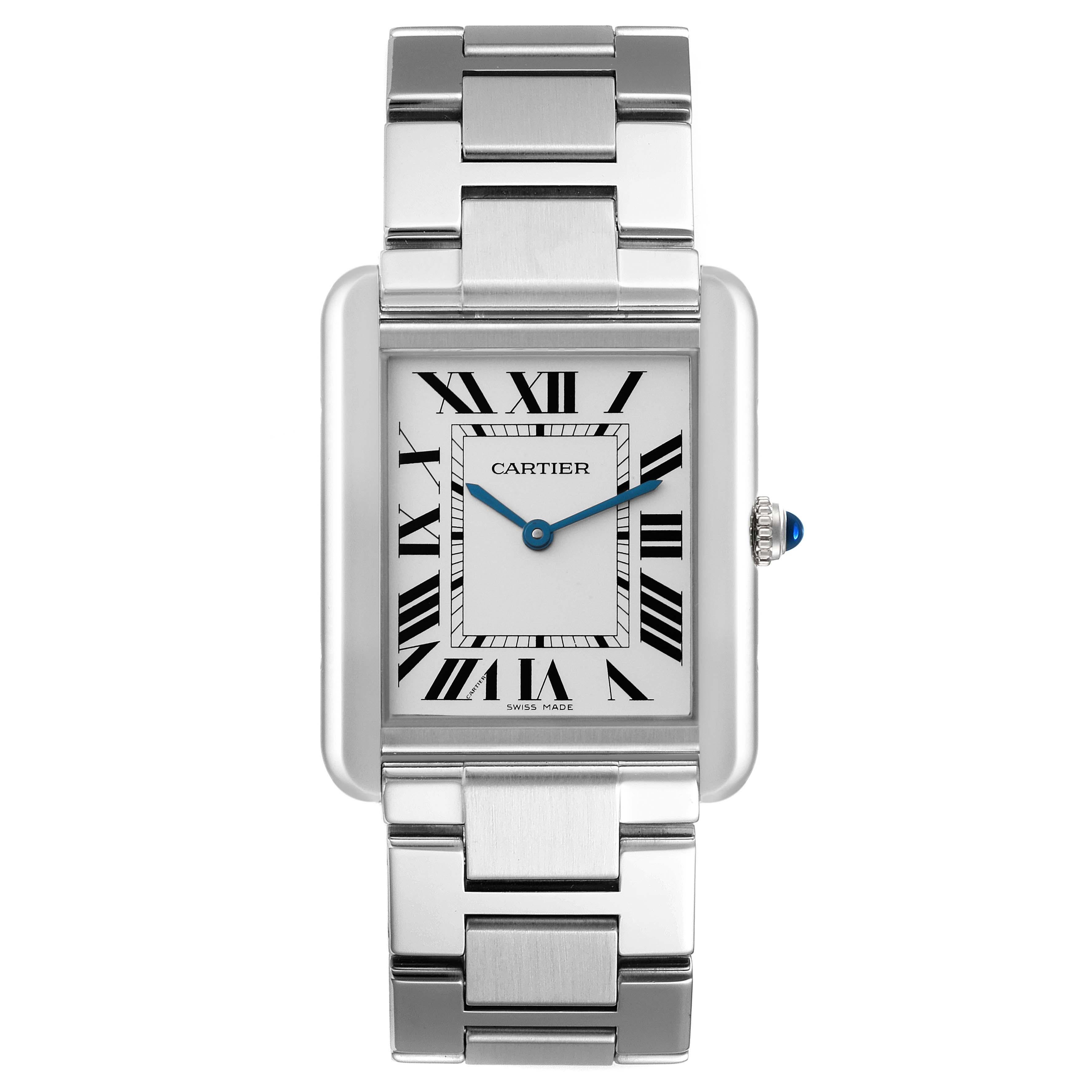 Cartier Tank Solo Silver Dial Steel Mens Watch W5200014. Quartz movement. Stainless steel case 27.0 x 34.0 mm. Circular grained crown set with the blue spinel cabochon. . Scratch resistant sapphire crystal. Silver opaline dial. Black Roman numerals.