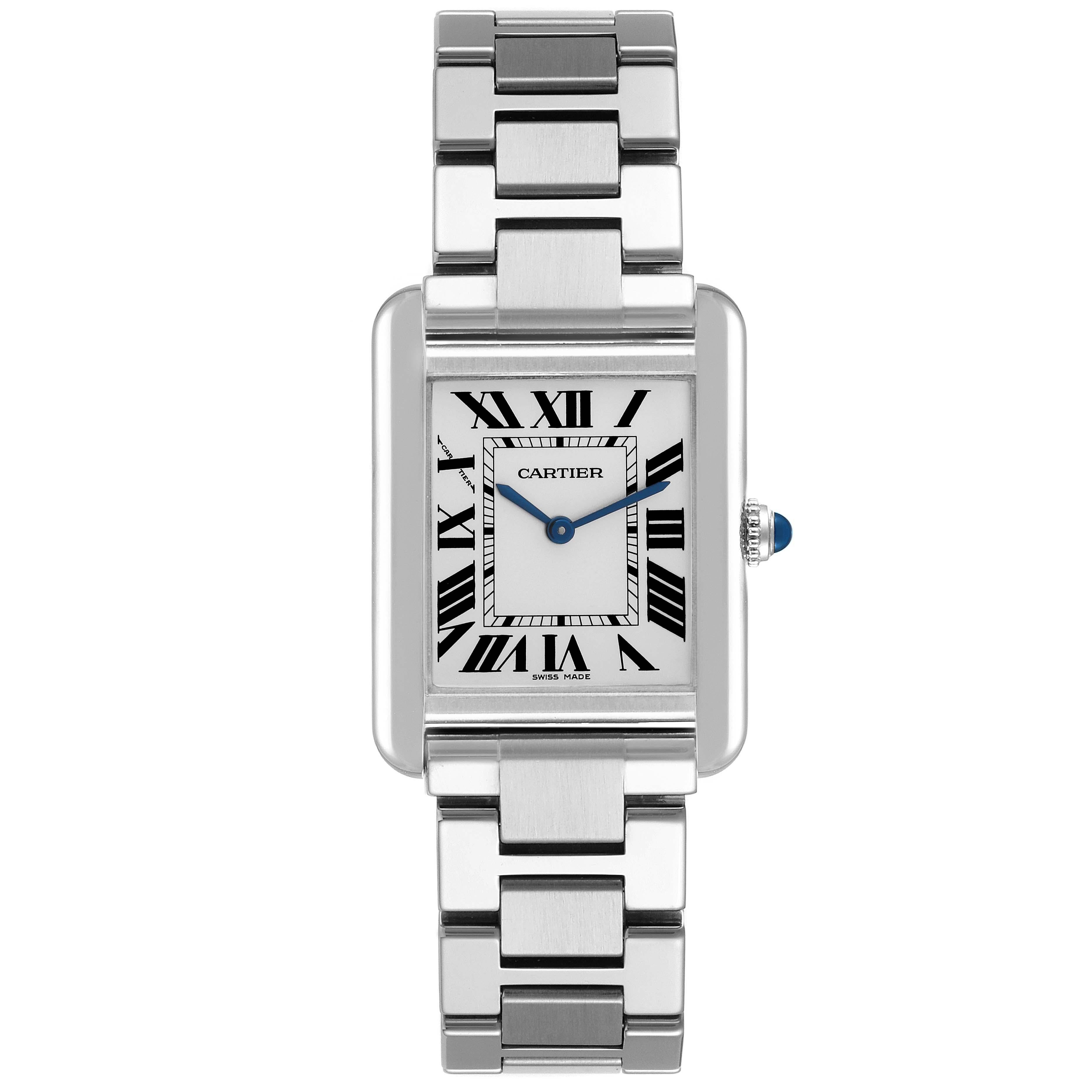 Cartier Tank Solo Small Silver Dial Steel Ladies Watch W5200013 Box Card. Quartz movement. Stainless steel case 31 x 24 mm. Circular grained crown set with a blue spinel cabochon. . Scratch resistant sapphire crystal. Silver opaline dial with black
