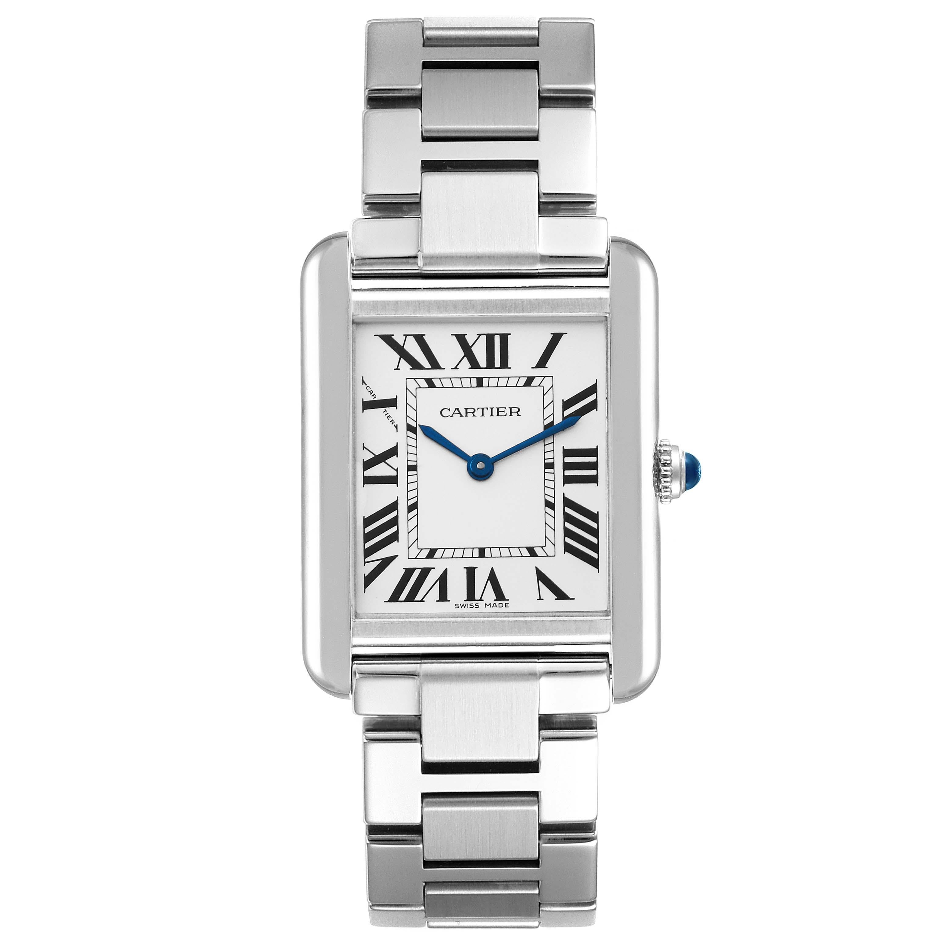 Cartier Tank Solo Small Silver Dial Steel Ladies Watch W5200013 Box Card. Quartz movement. Stainless steel case 31 x 24 mm. Circular grained crown set with a blue spinel cabochon. . Scratch resistant sapphire crystal. Silver opaline dial with black