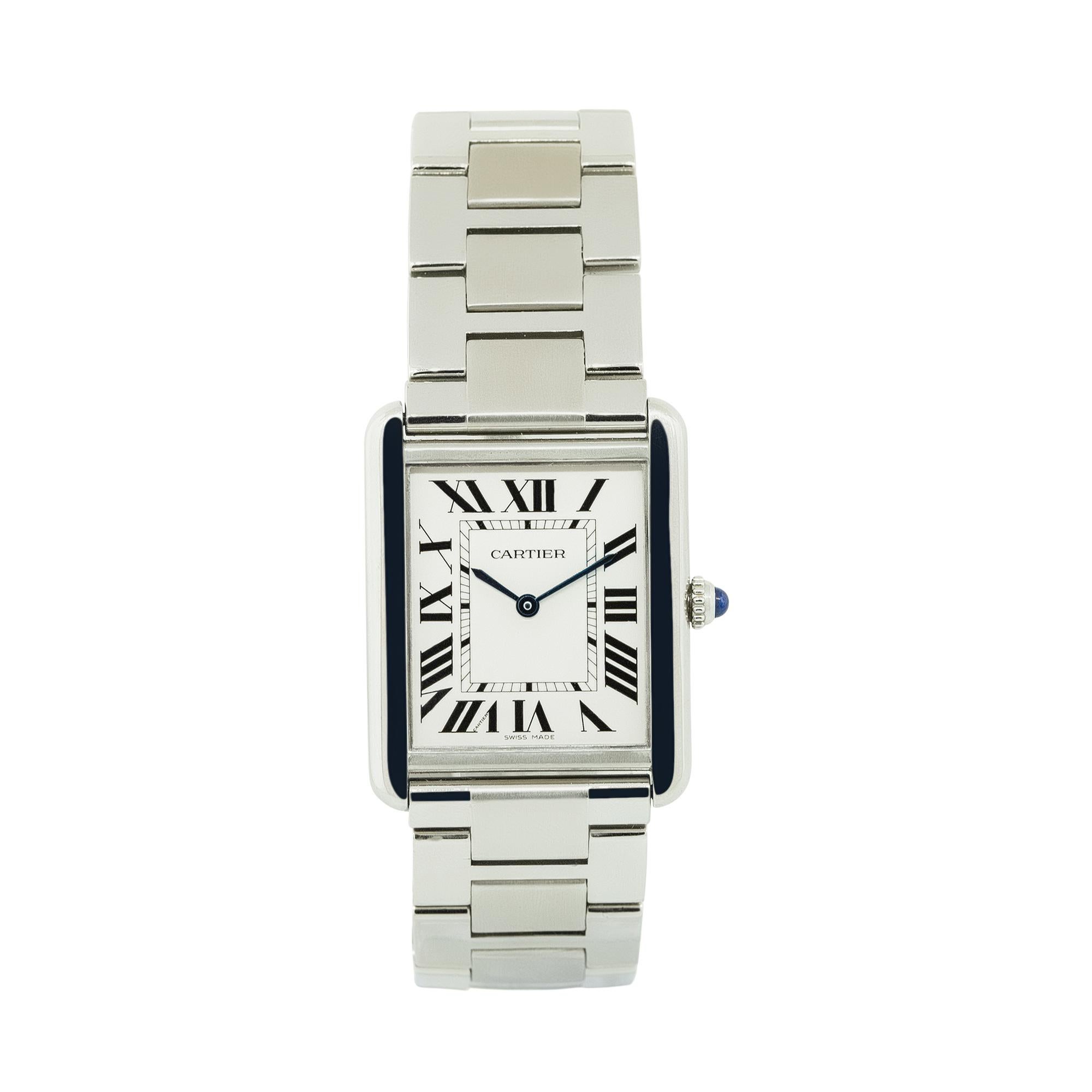 Brand: Cartier
Model: Cartier Tank Solo
Case Material: Stainless Steel
Case Diameter: 28mm
Dial: Off-White Roman Dial
Bezel: Fixed Smooth Stainless Steel Bezel
Bracelet: Stainless Steel
Movement: Quartz
Reference Number: 3169
Size: Will fit a 6.50