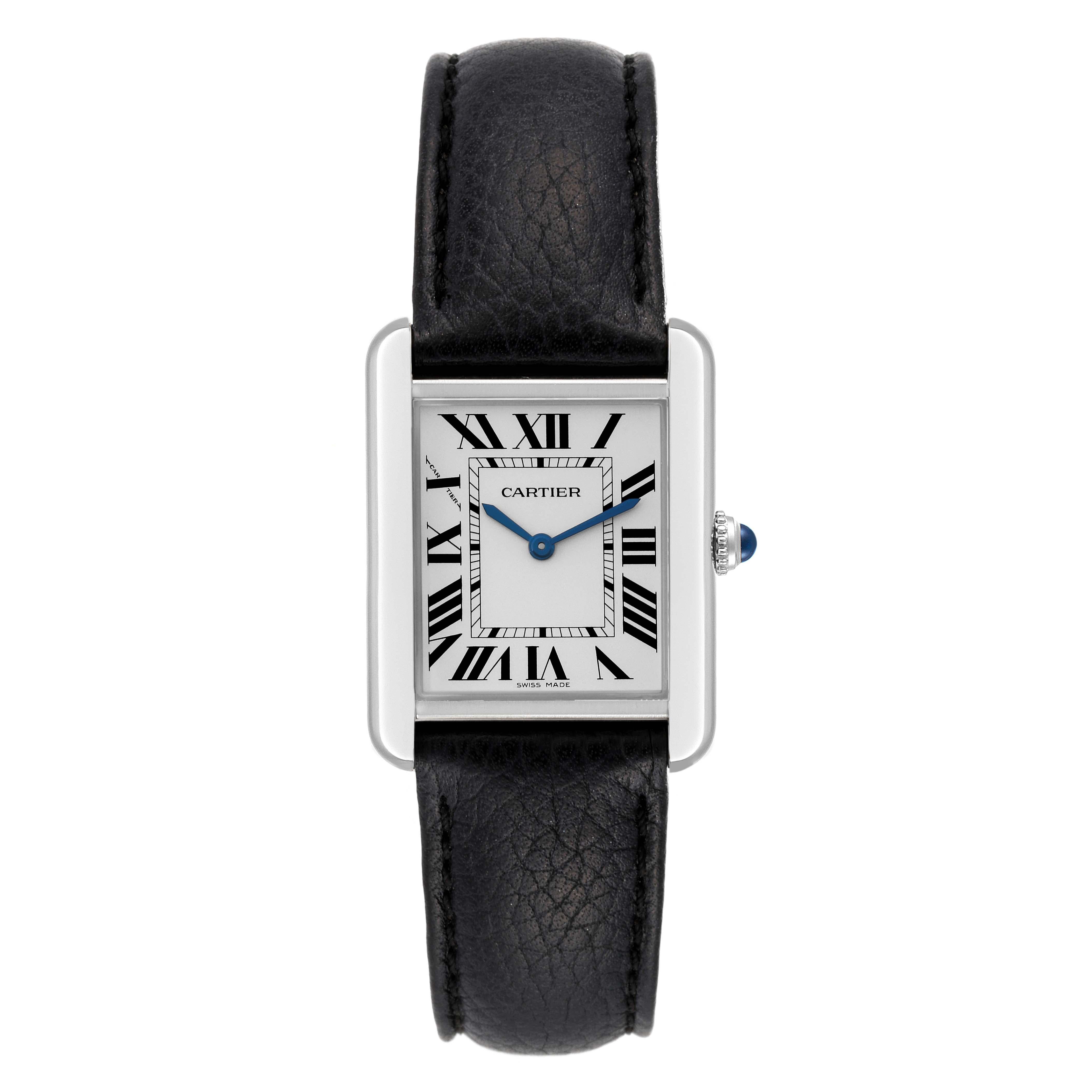 Cartier Tank Solo Steel Black Strap Quartz Ladies Watch W1018255. Quartz movement. Stainless steel case 30.0 x 23.0 mm. Circular grained crown set with the blue spinel cabochon. . Scratch resistant sapphire crystal. Silver opaline dial. Painted