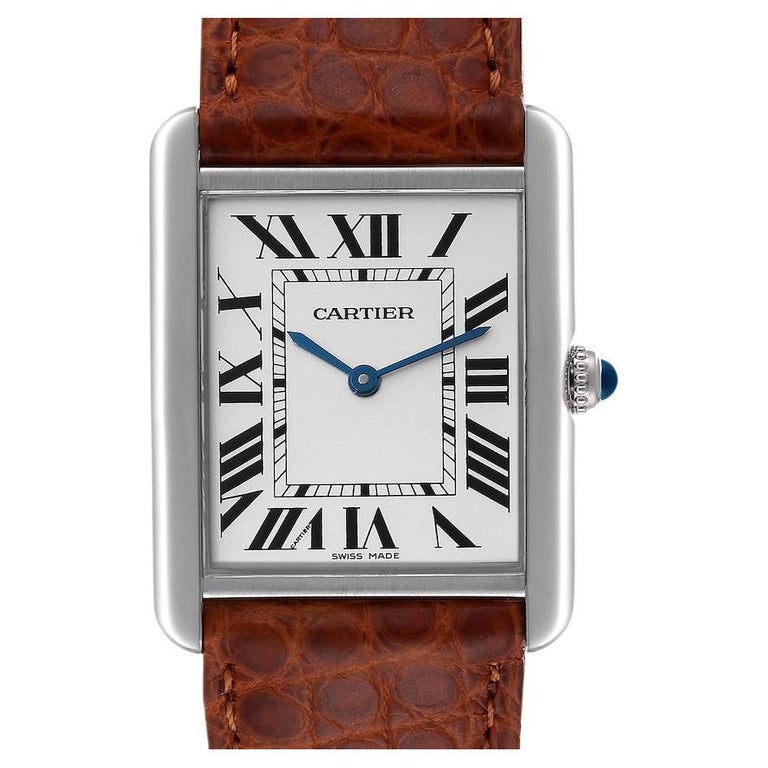 Cartier: Unisex-Uhr, Cartier Tank Solo, Stahl, Silber Zifferblatt, braunes  Armband W1018355 bei 1stDibs