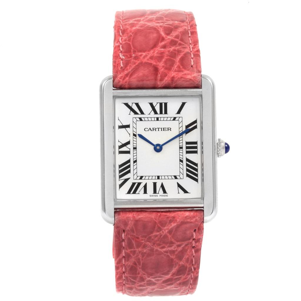 Cartier Tank Solo Steel Silver Dial Pink Strap Unisex Watch W1018355 In Excellent Condition For Sale In Atlanta, GA