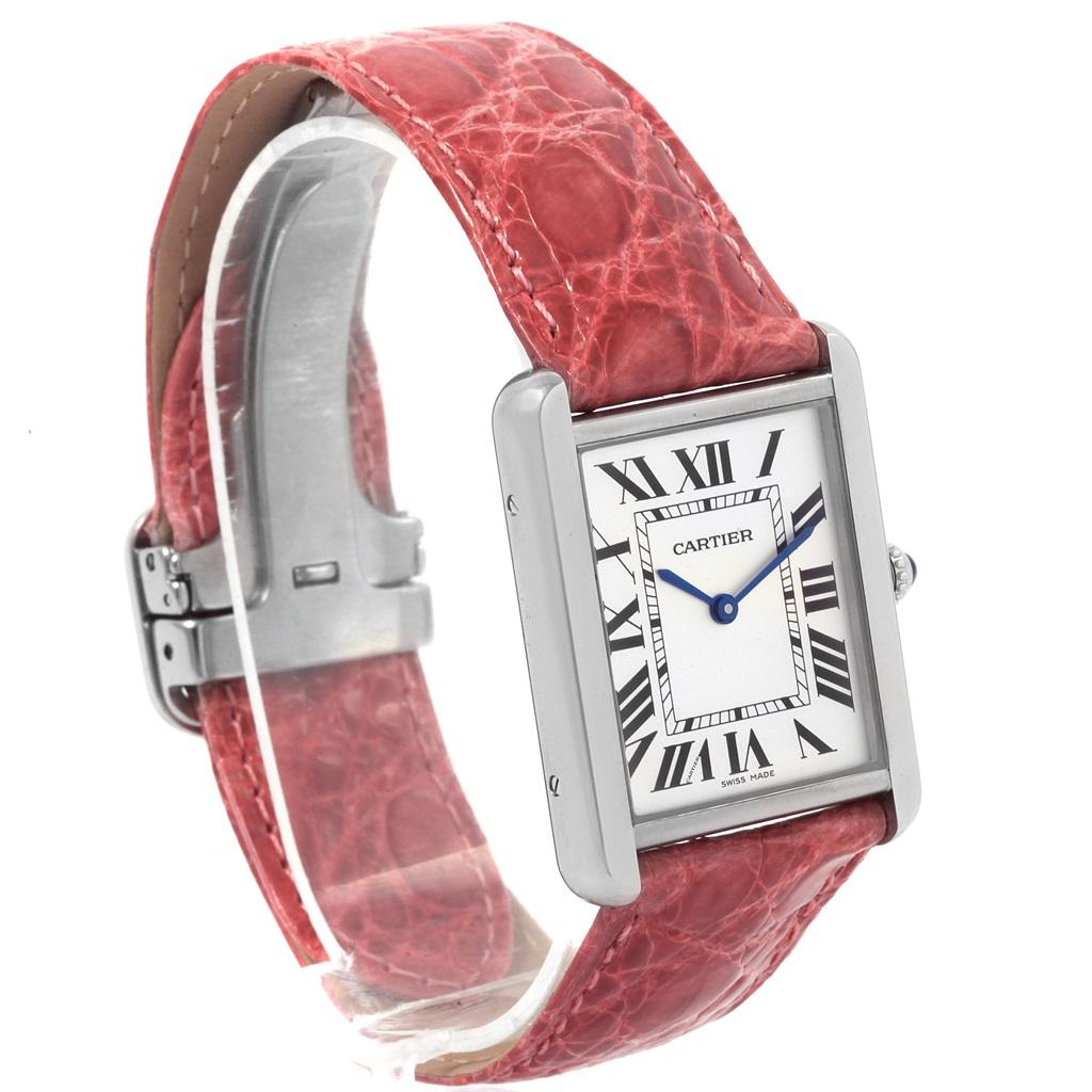 Men's Cartier Tank Solo Steel Silver Dial Pink Strap Unisex Watch W1018355 For Sale