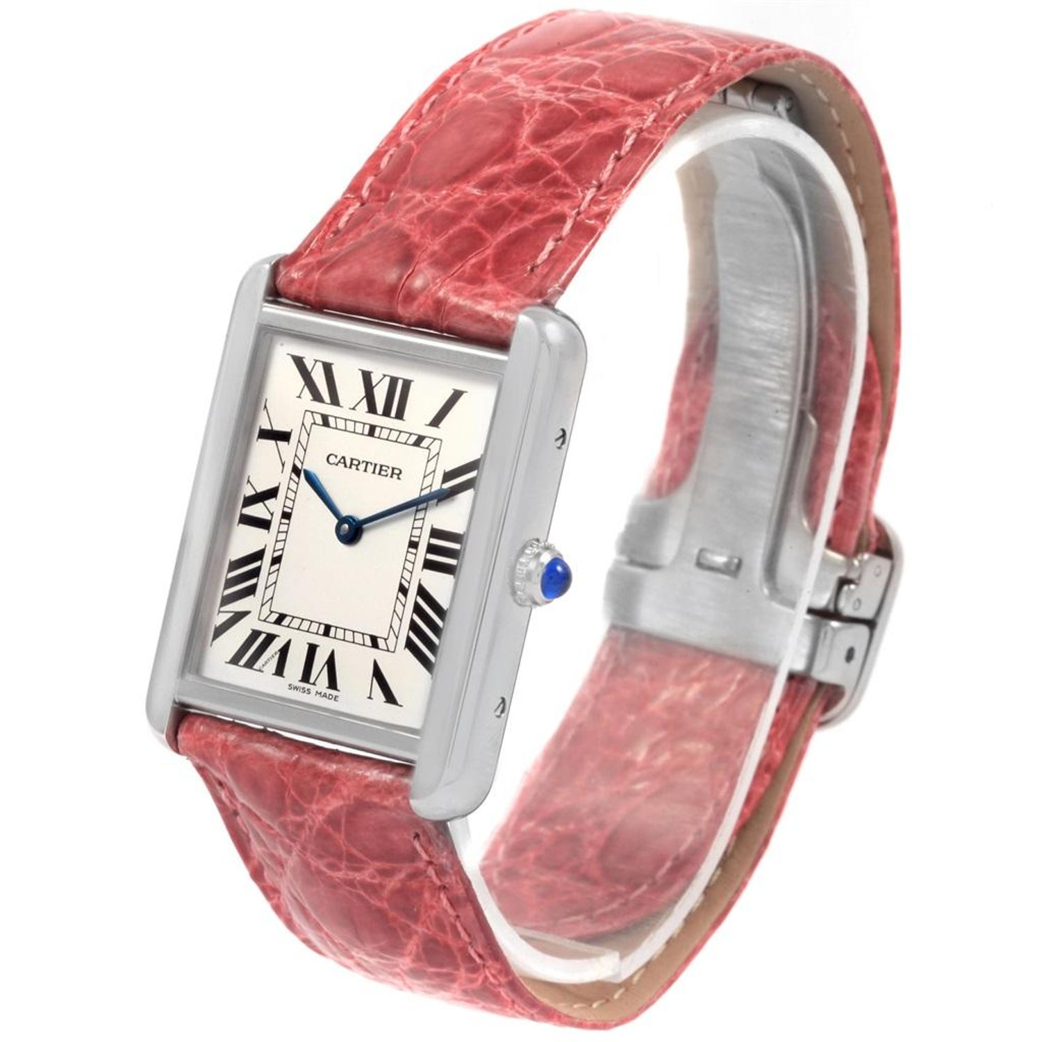 Cartier Tank Solo Steel Silver Dial Pink Strap Unisex Watch W1018355 For Sale At 1stdibs